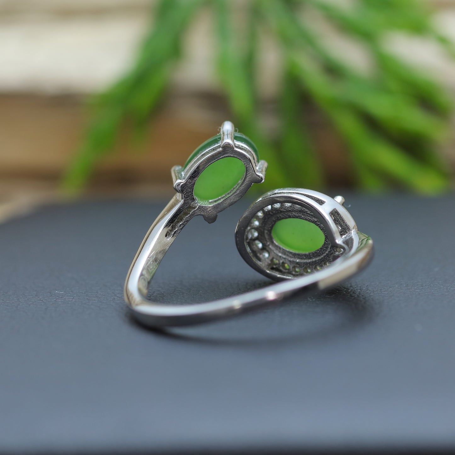 Green Jade Dual-Cabochon Bypass Ring in Sterling Silver