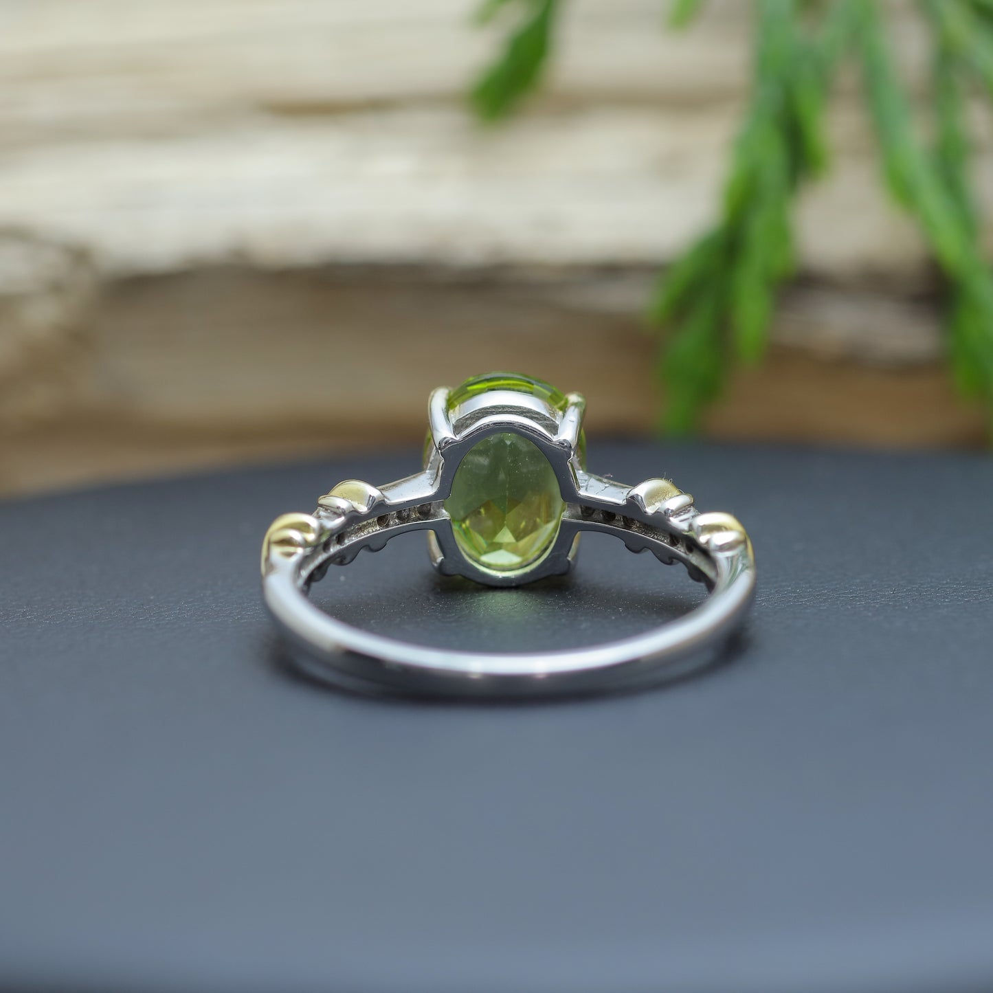 Two-Tone Oval Peridot Accent Ring in Sterling Silver