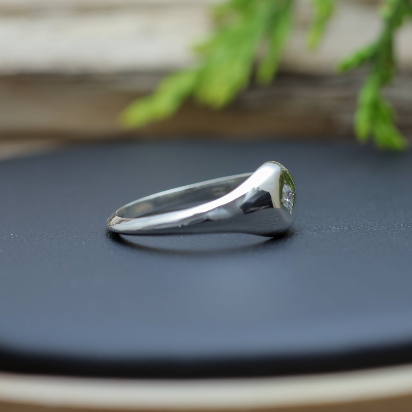 Starburst Signet Argentium Silver Ring and flush lab diamond.