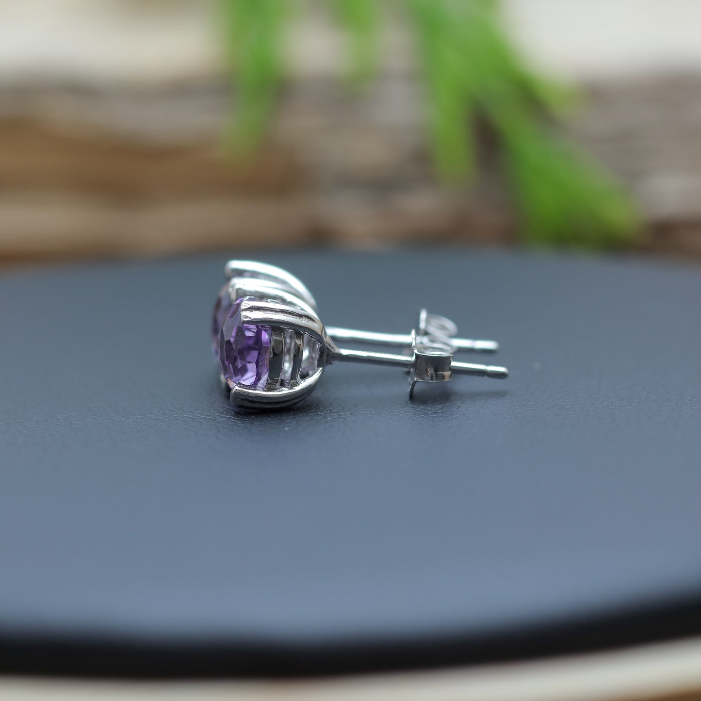 Natural Amethyst Stud Earrings with Precision-Cut Frosted Facets