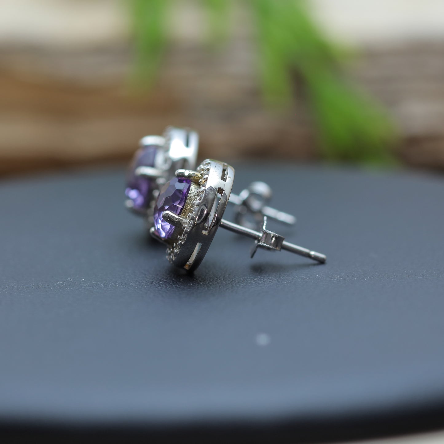 Natural Amethyst Halo Stud Earrings with Precision-Cut Frosted Facets