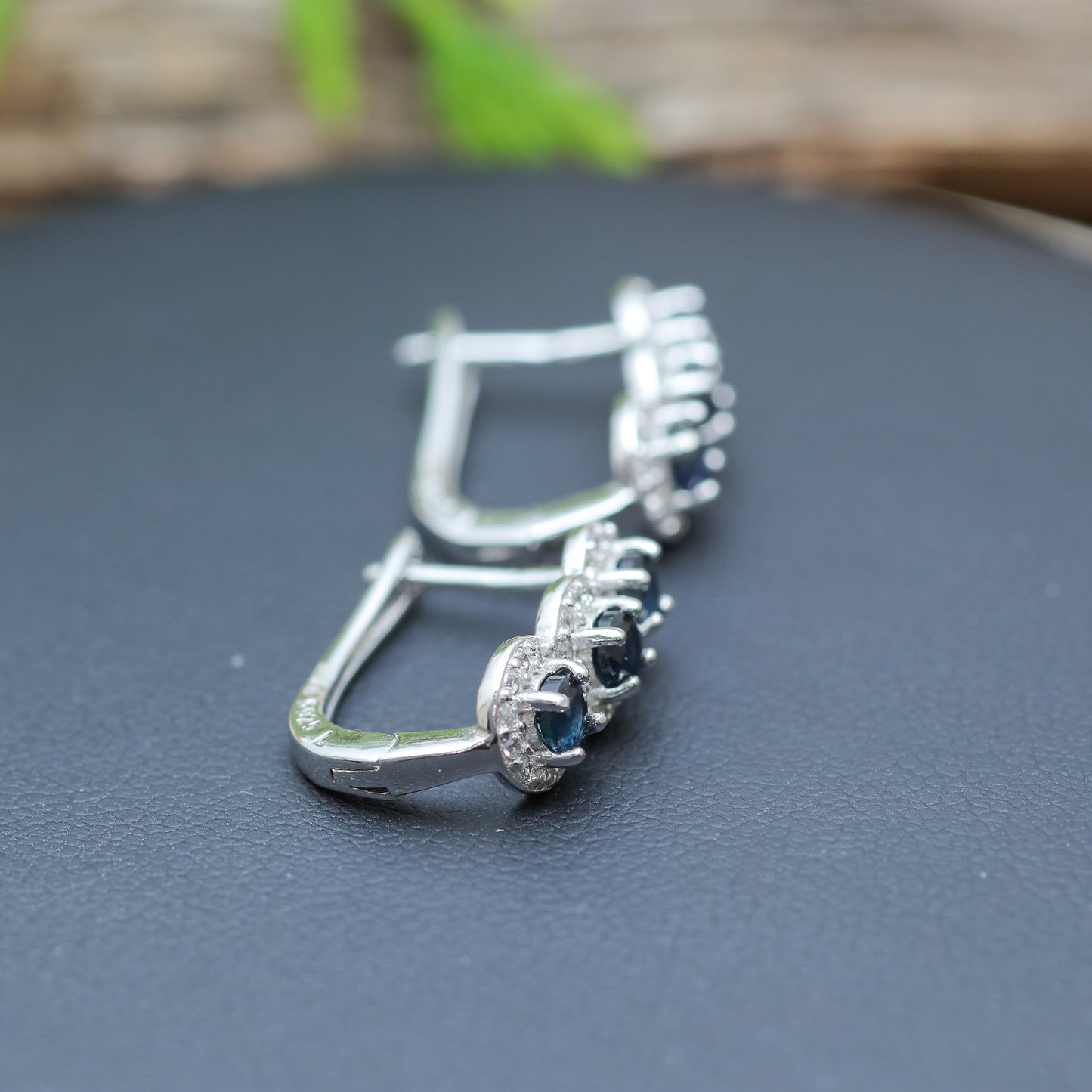 Natural Blue Sapphire Three-Stone Halo Leverback Earrings