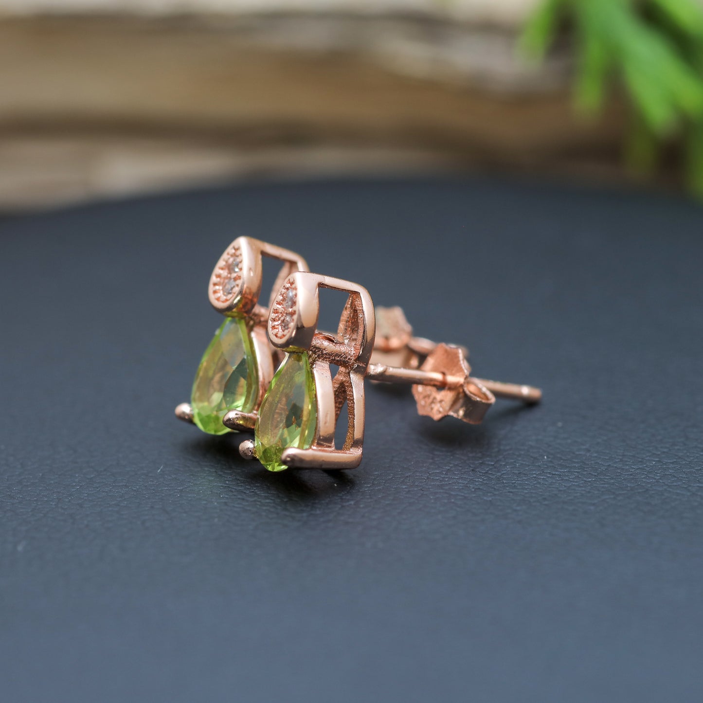 Natural Peridot Pear-Shape Stud Earrings with Cubic Zirconia Accents