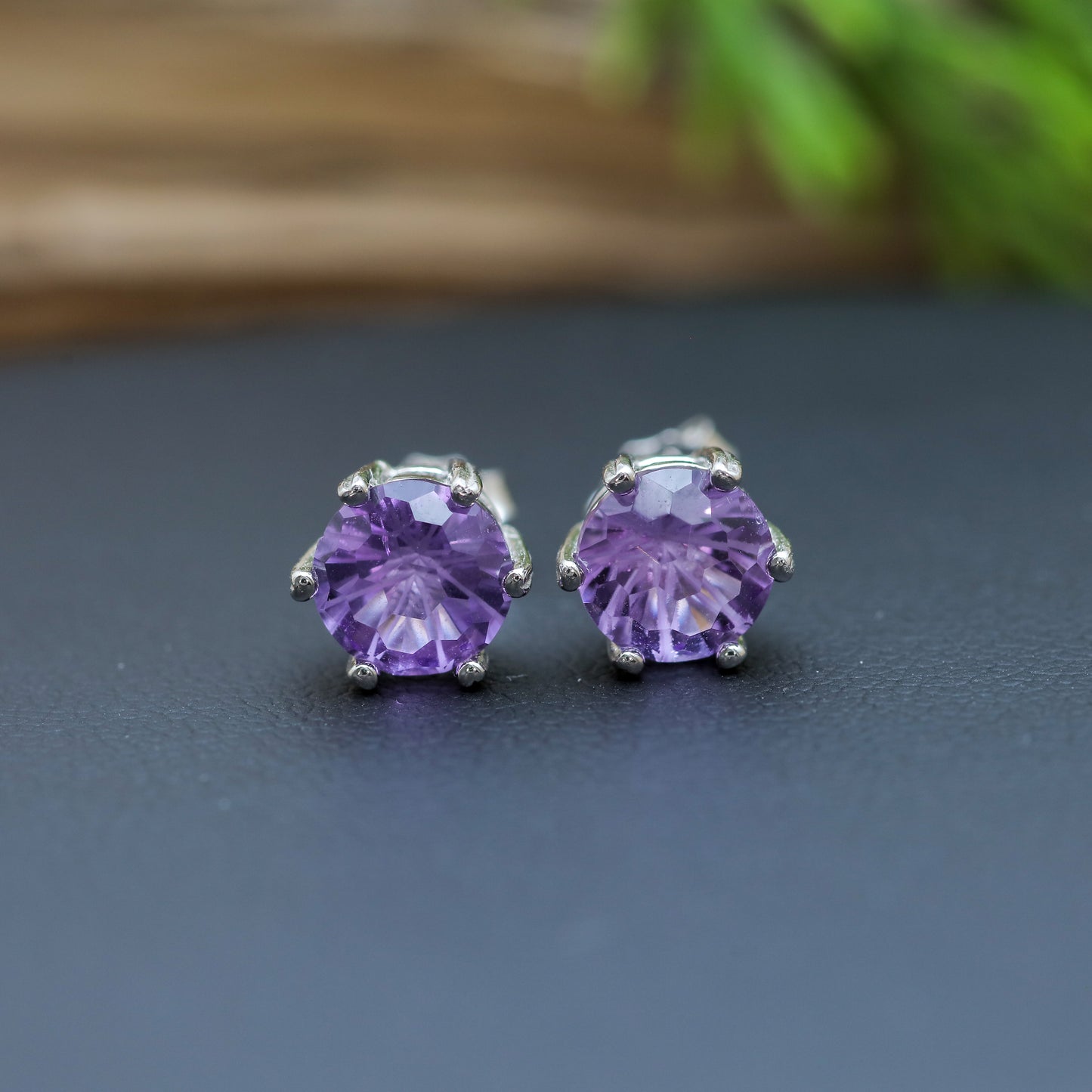 Natural Precision-Cut Amethyst Stud Earrings with Frosted Facets