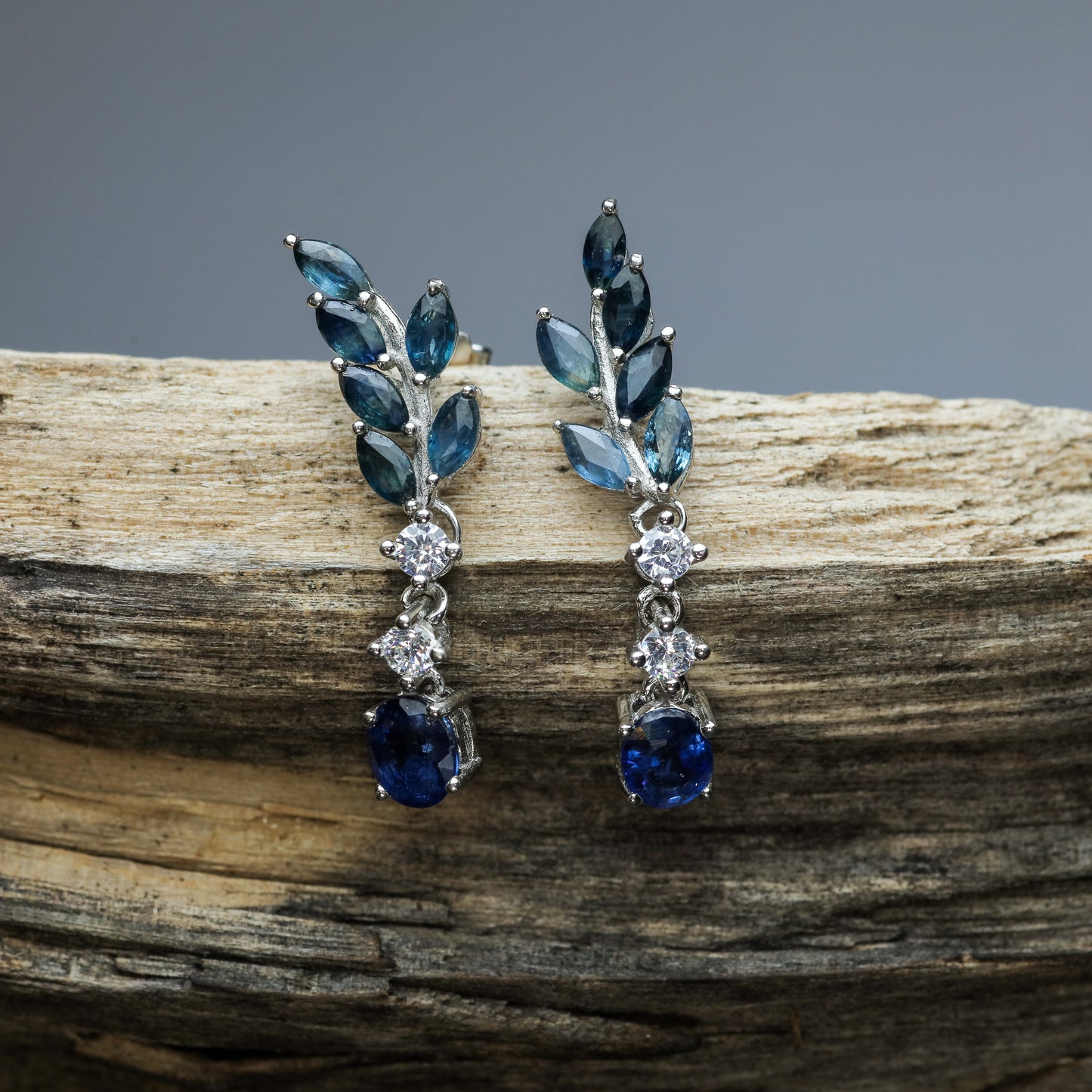 Natural Sapphire Olive Branch Vine Drop Earrings