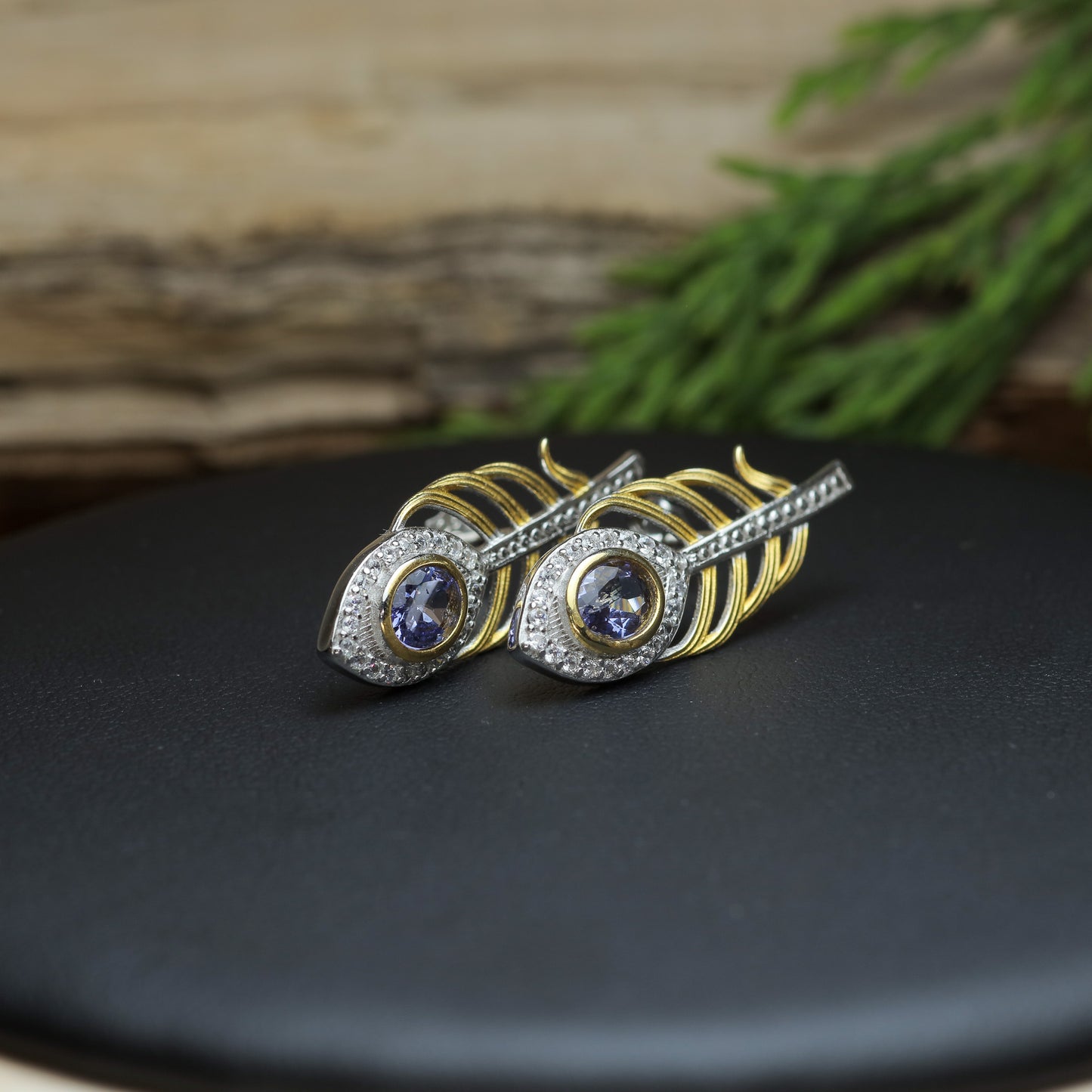 Natural Tanzanite Peacock Feather Two-Tone Stud Earrings