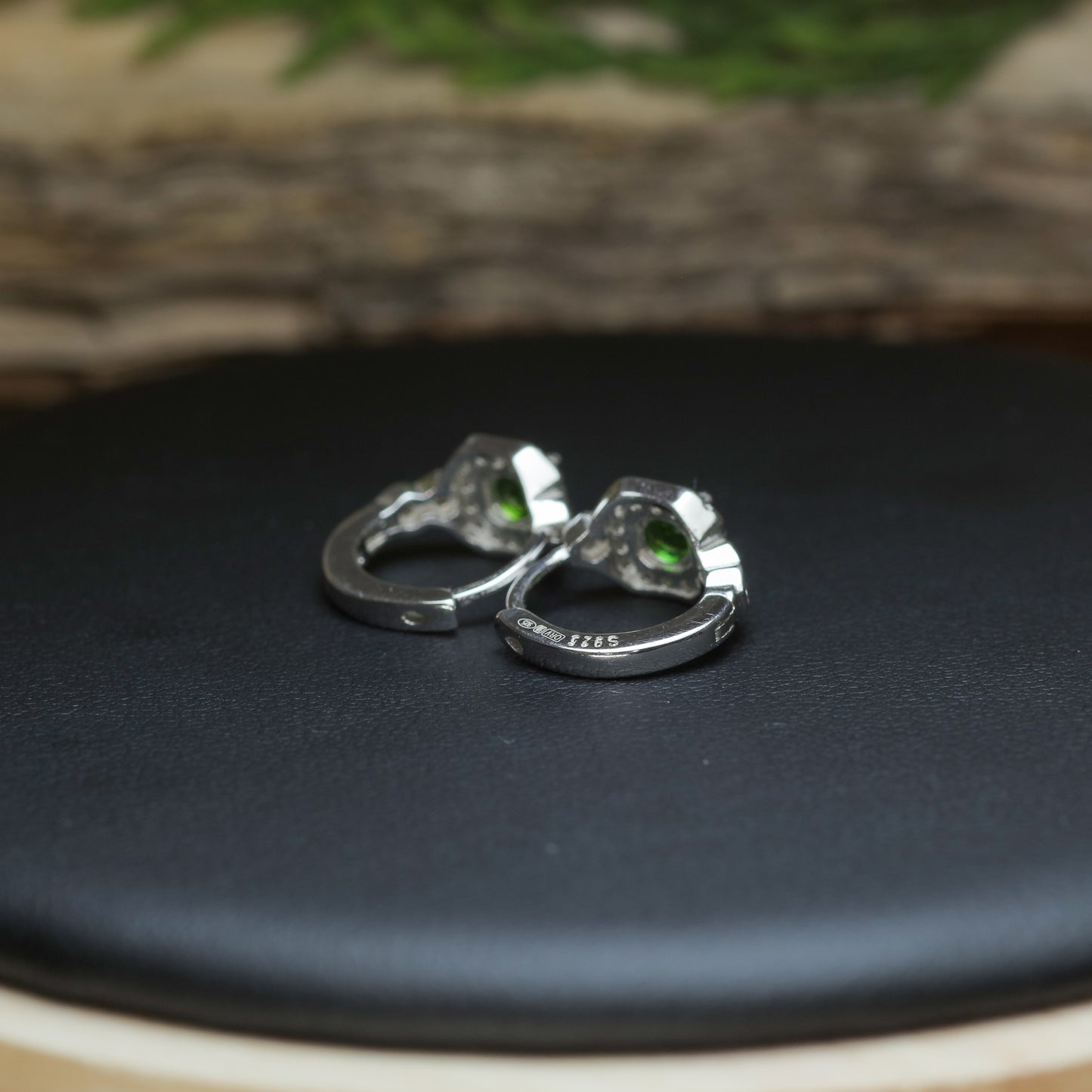 Natural Chrome Diopside Hexagonal Halo Huggie Earrings