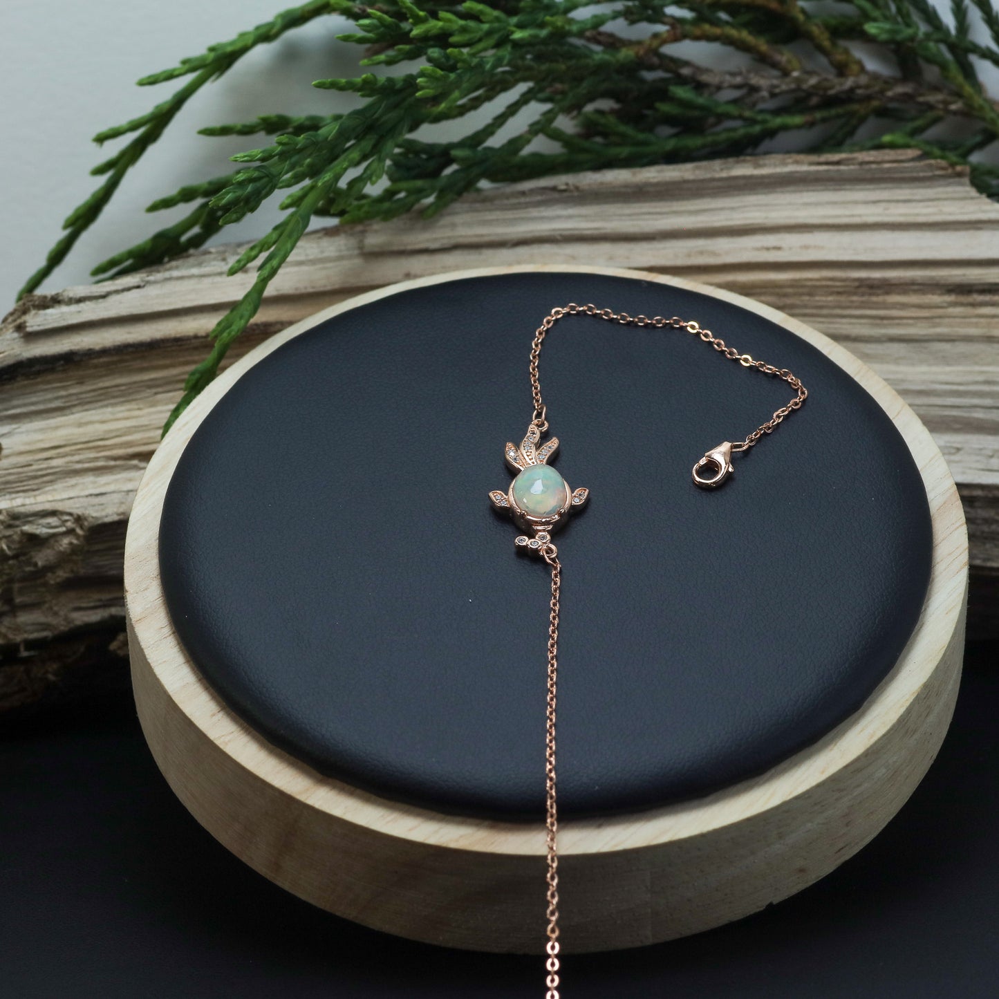 Natural Ethiopian Opal & Cubic Zirconia Fish Chain Bracelet (Rose Gold Plated)