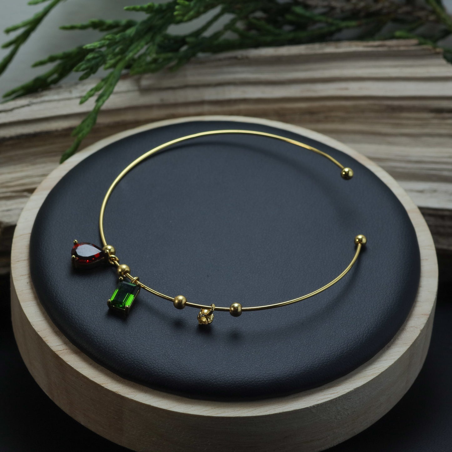 Natural Garnet & Chrome Diopside Gold-Plated Open Bangle