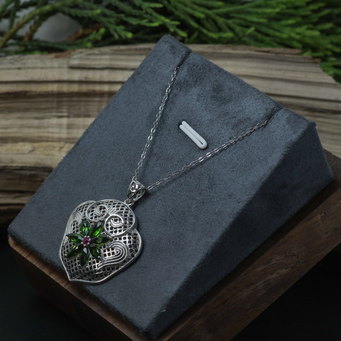 Natural Chrome Diopside and Cubic Zirconia Filigree Heart Pendant Necklace