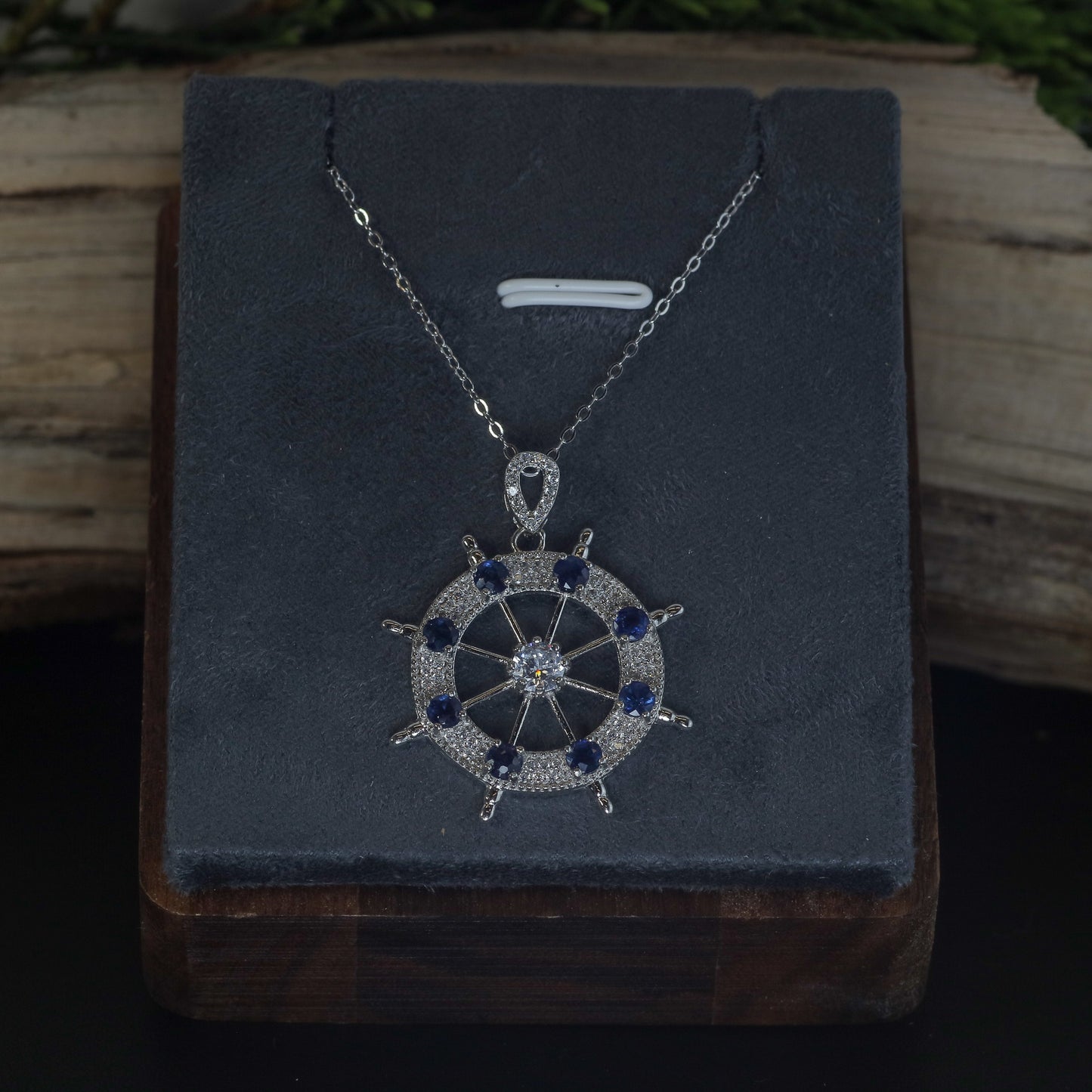 Natural Blue Sapphire Ship's Wheel Pendant Necklace