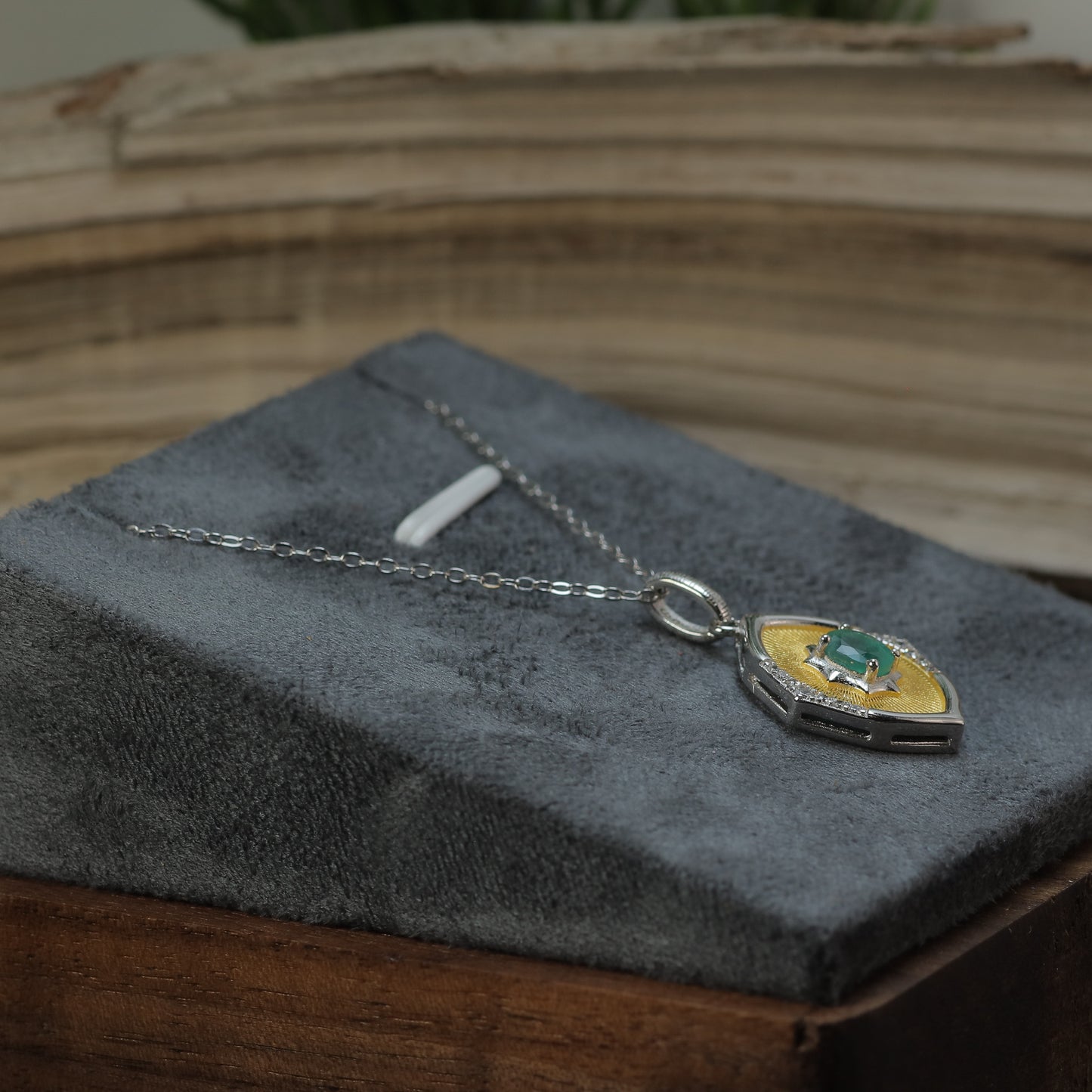 Natural Emerald Two-Tone Shield Pendant Necklace