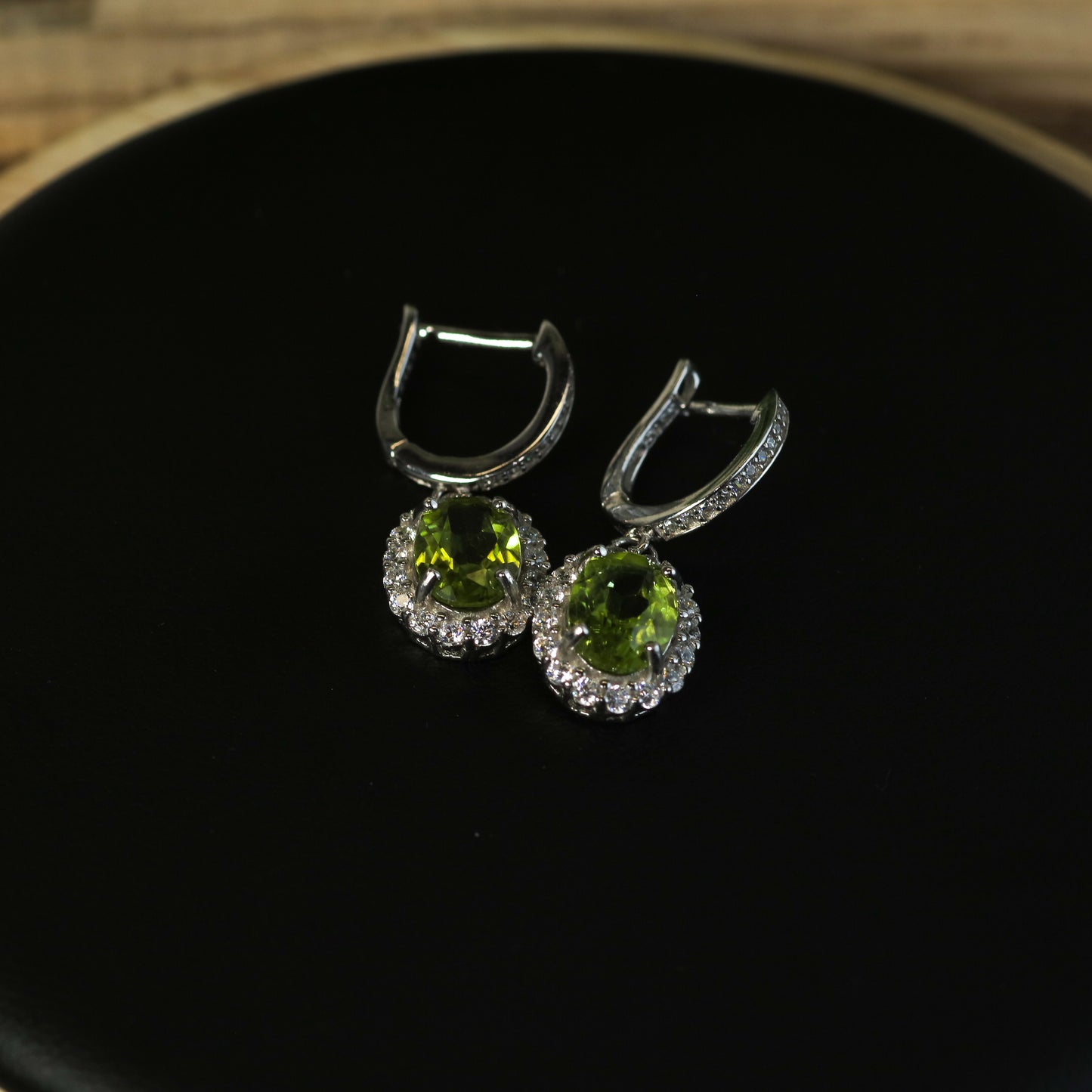 Natural Peridot Oval Halo Drop Earrings