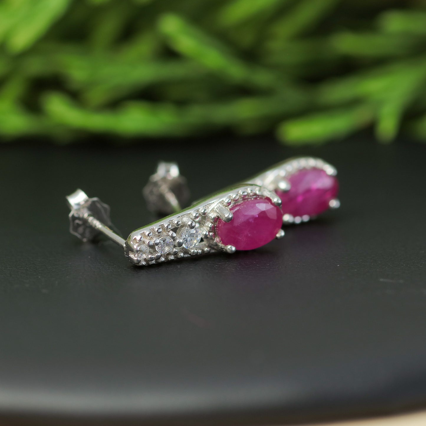 Natural Ruby & Cubic Zirconia Drop Stud Earrings