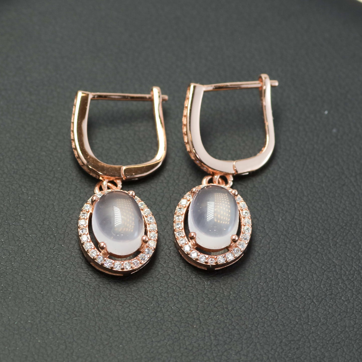 Natural Rose Quartz Rose Gold Halo Drop Earrings