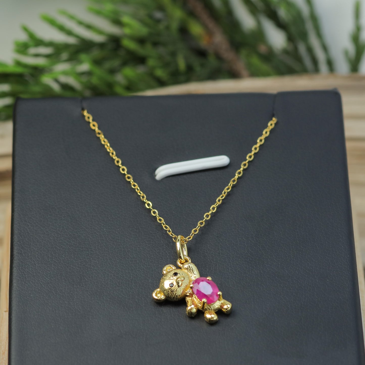 Natural Ruby Teddy Bear Pendant Necklace