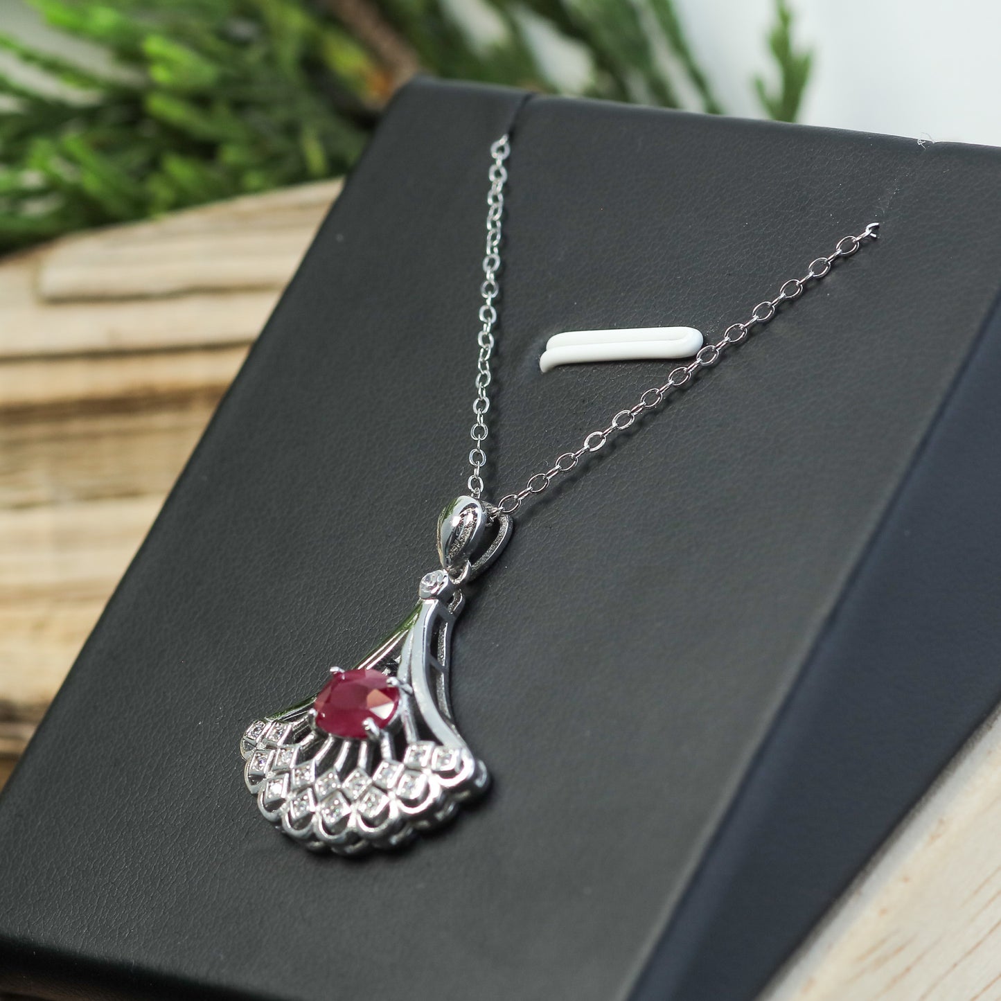 Natural Ruby Art Deco Fan Pendant Necklace