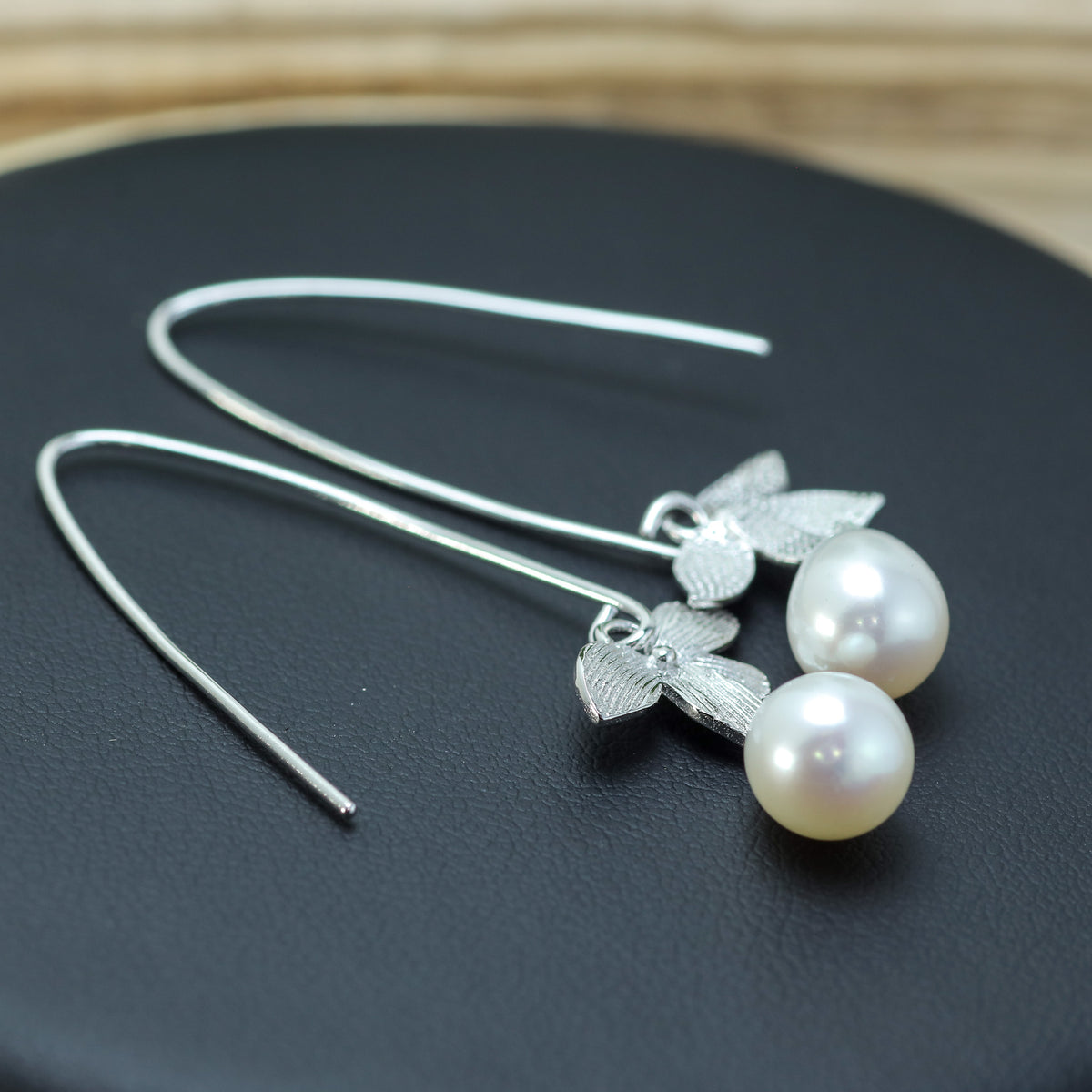 White Natural Cultured Pearl & Floral Marquise Drop Earrings