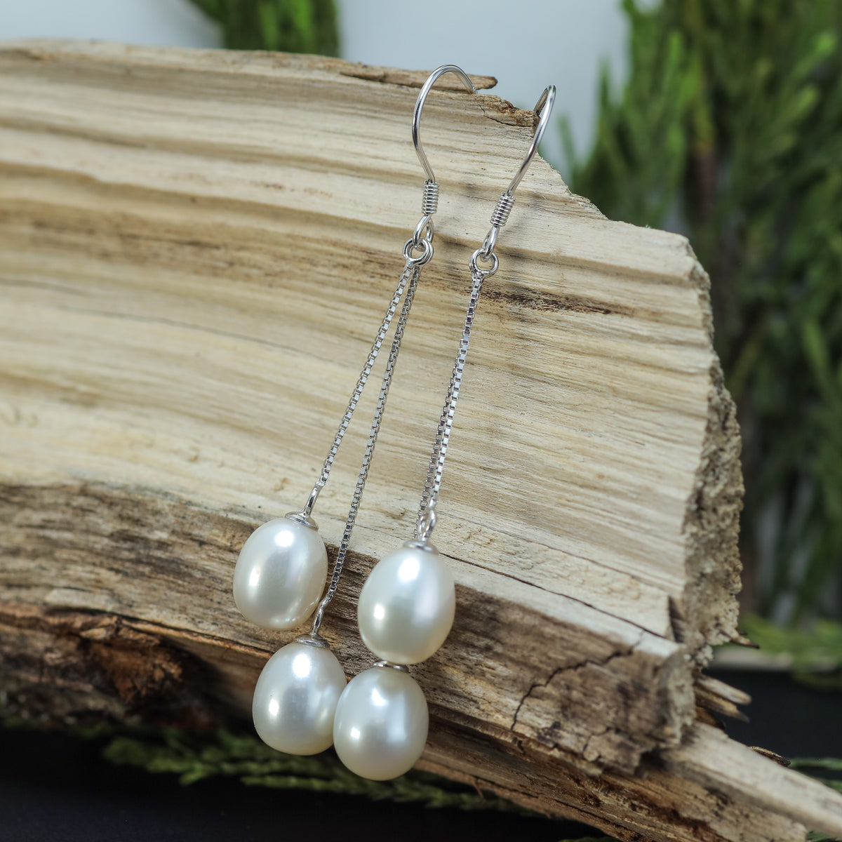 Natural white Cultured Dual Pearl Linear Drop Earrings