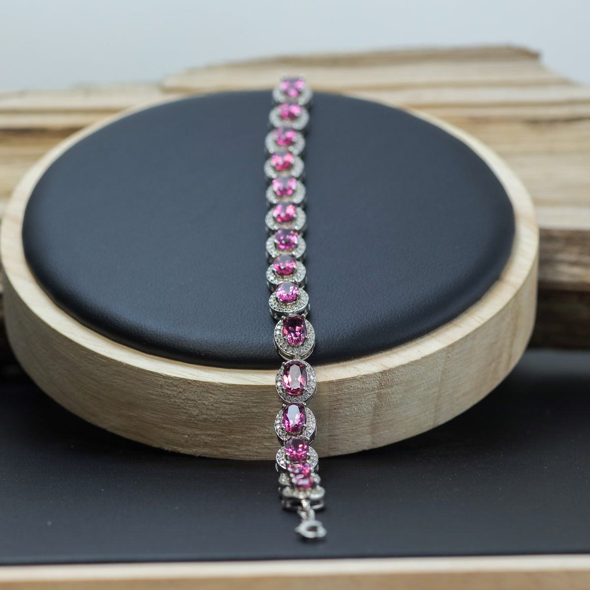 Natural Purple Garnet Halo Tennis Bracelet in 925 Sterling Silver