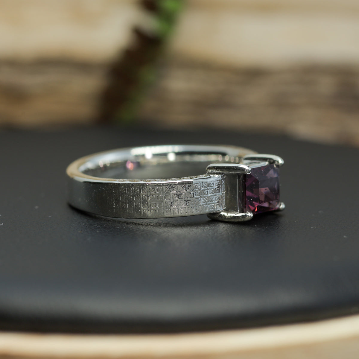 Studio-Cut Rectangular Purple Spinel Textured Silver Ring