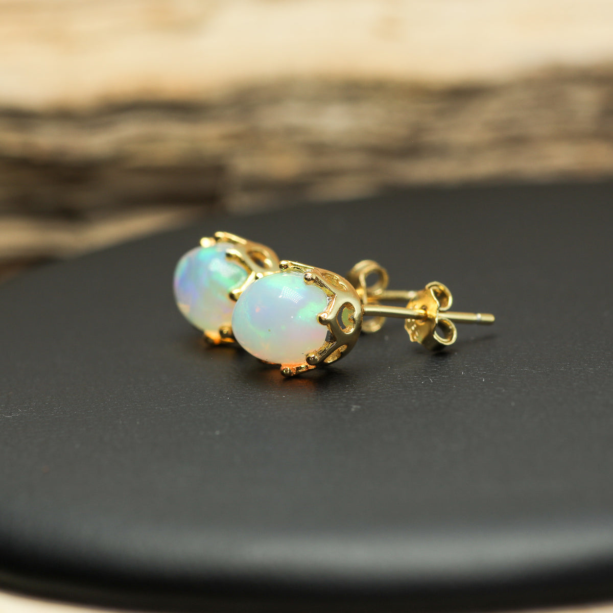 Crown-Set Natural Ethiopian Opal Stud Earrings – Gold-Plated 925 Sterling Silver