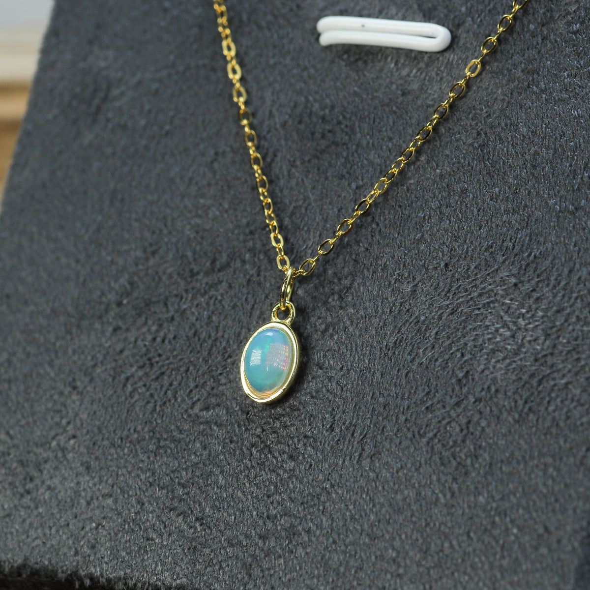 Petite Natural Ethiopian Opal Bezel Pendant Necklace in Gold-Plated 925 Silver