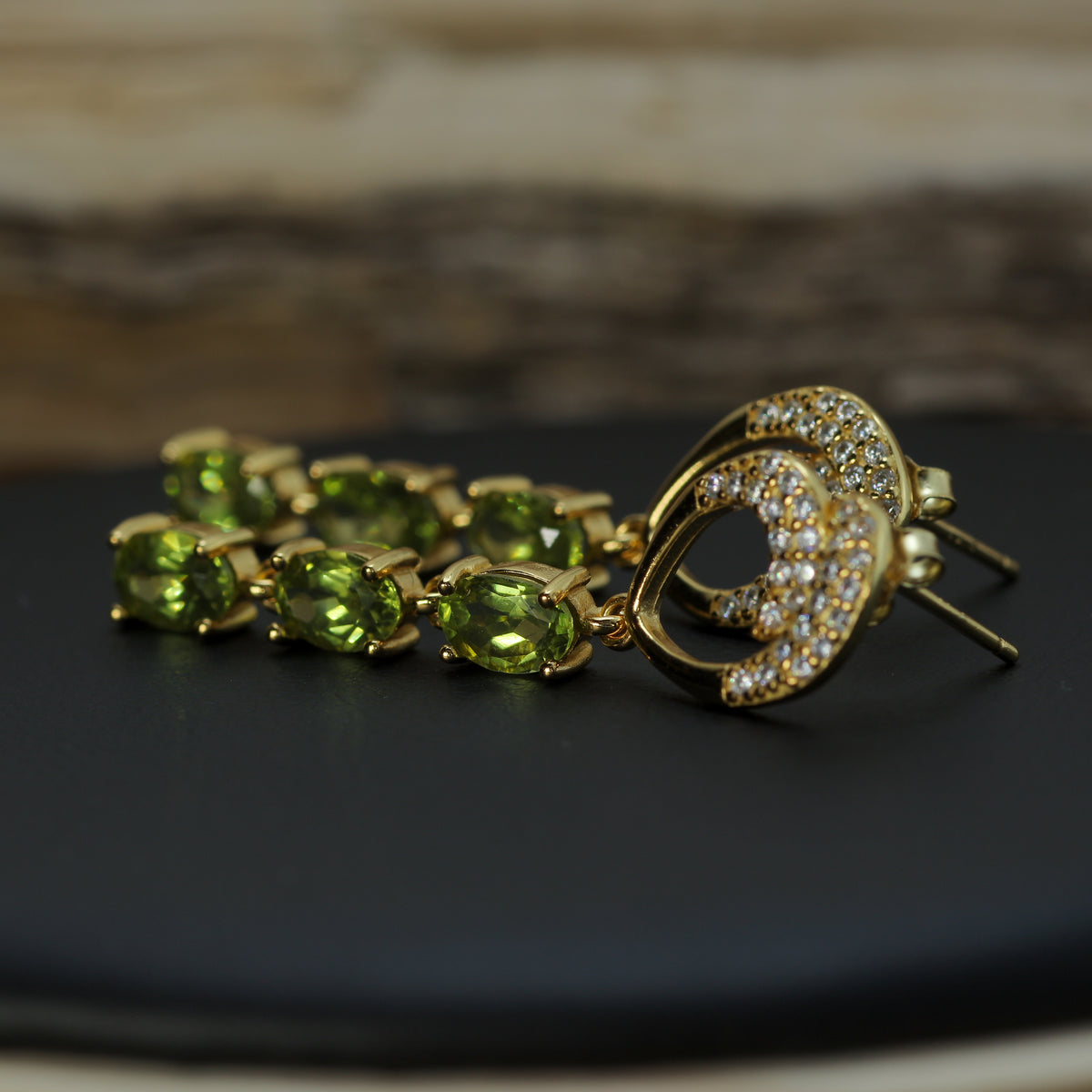 Triple-Drop Natural Peridot & CZ Linear Earrings in Gold-Plated 925 Silver