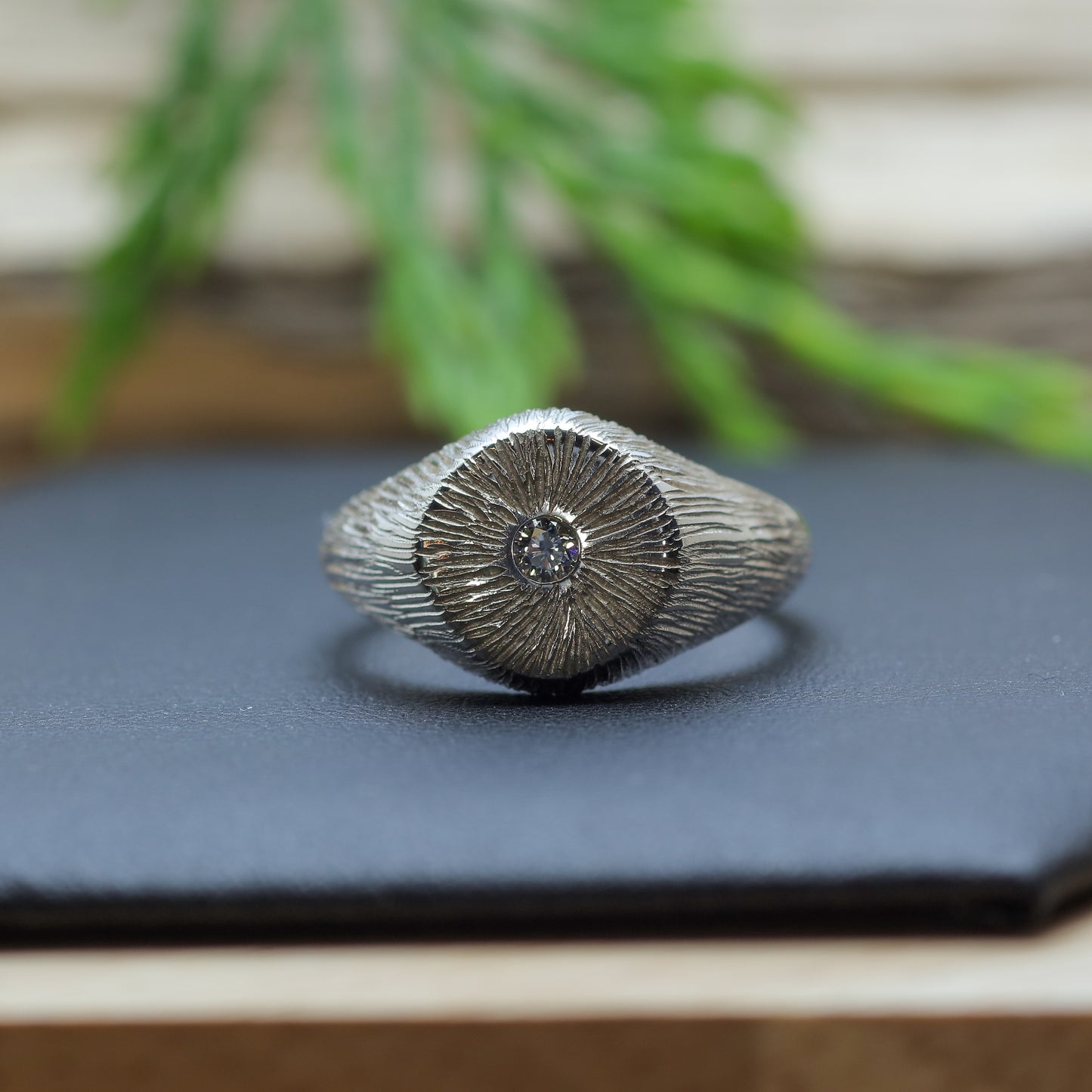 Hand-Sculpted Radial Texture Signet Ring in Argentium Silver