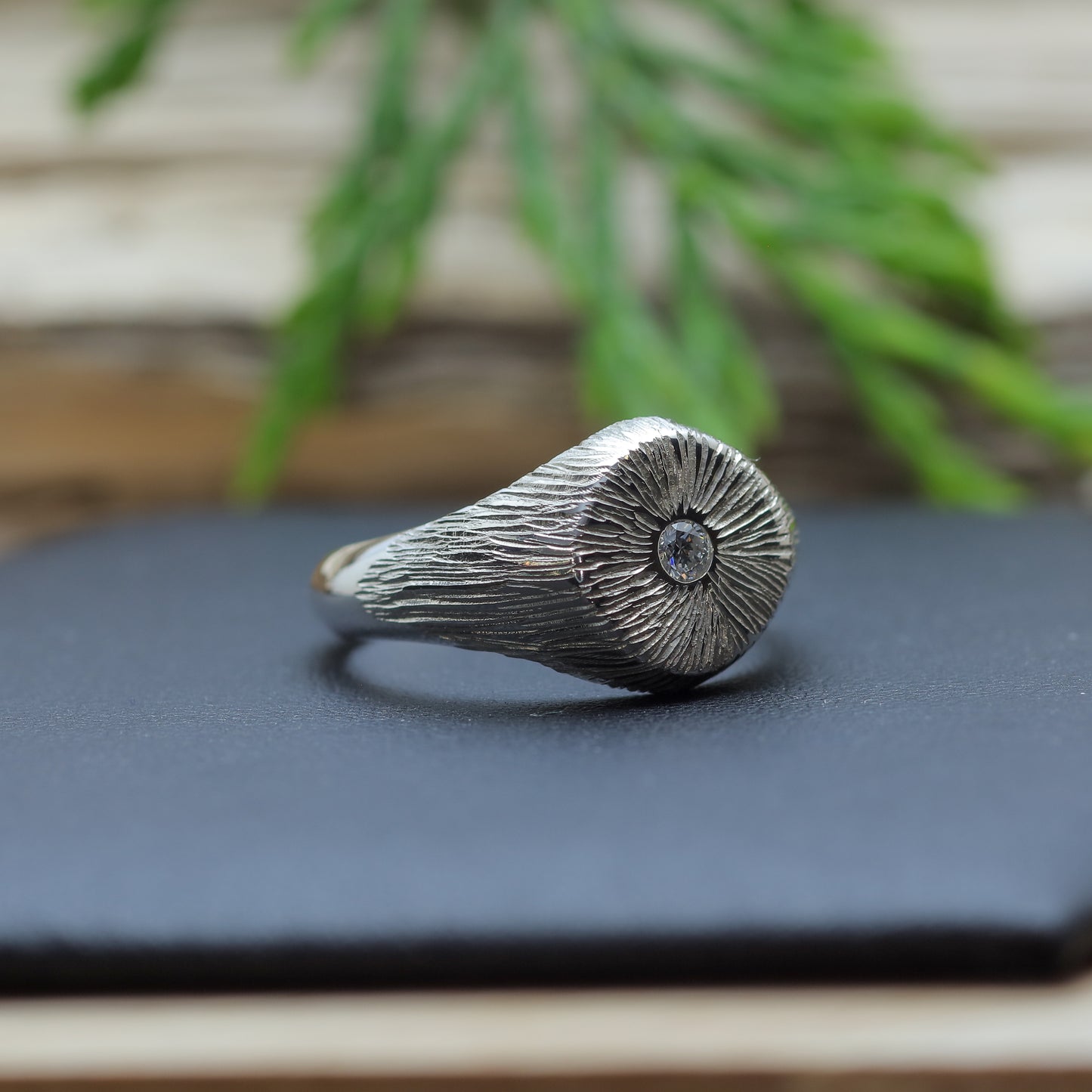 Hand-Sculpted Radial Texture Signet Ring in Argentium Silver