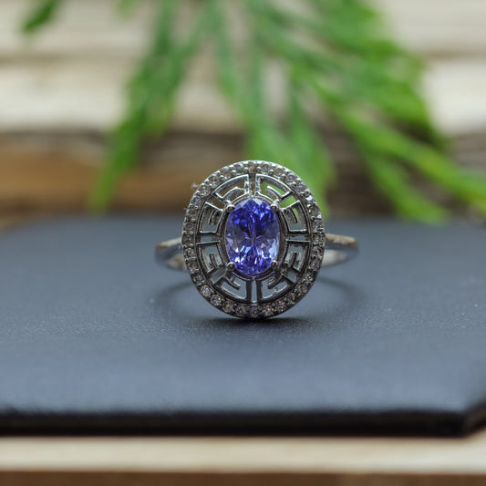 Oval Tanzanite Geometric Halo Ring in Sterling Silver