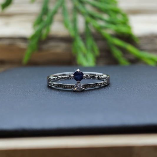 Round Sapphire Double-Band Style Ring in Sterling Silver