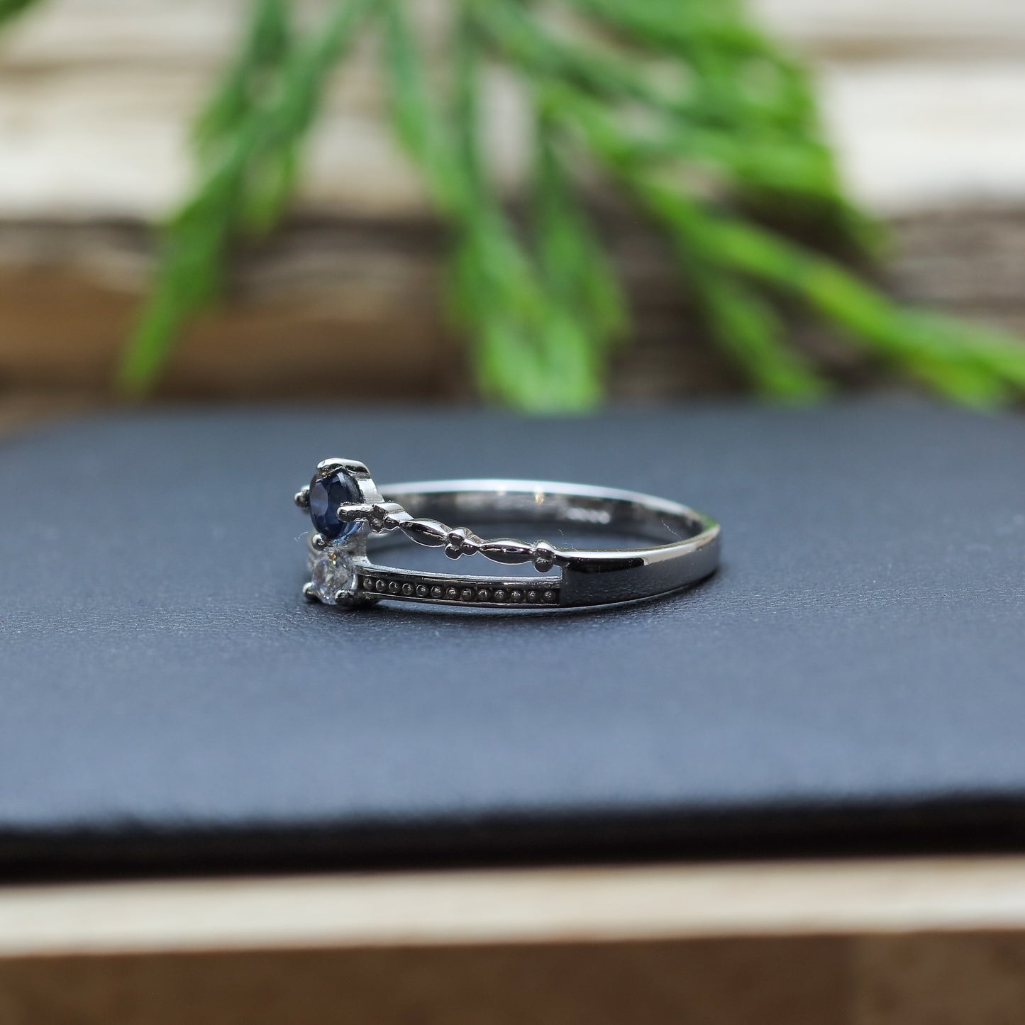 Round Sapphire Double-Band Style Ring in Sterling Silver