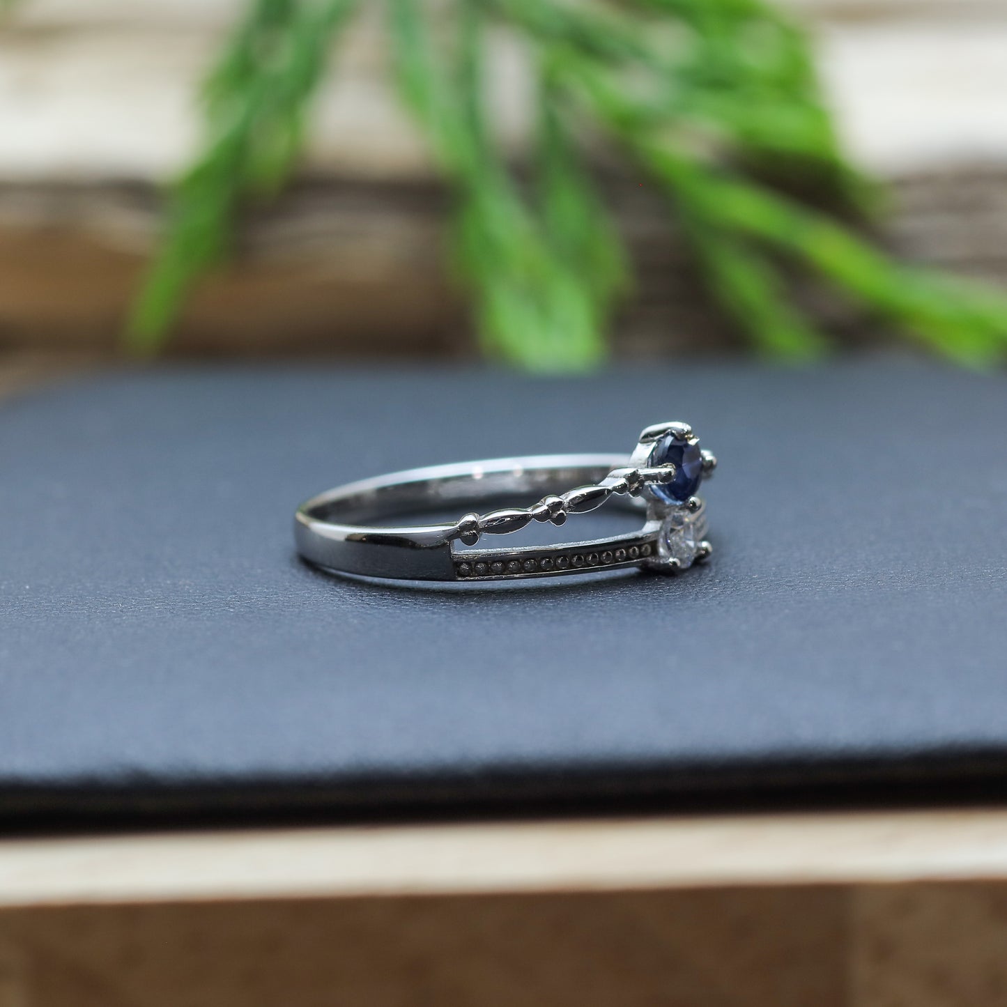 Round Sapphire Double-Band Style Ring in Sterling Silver