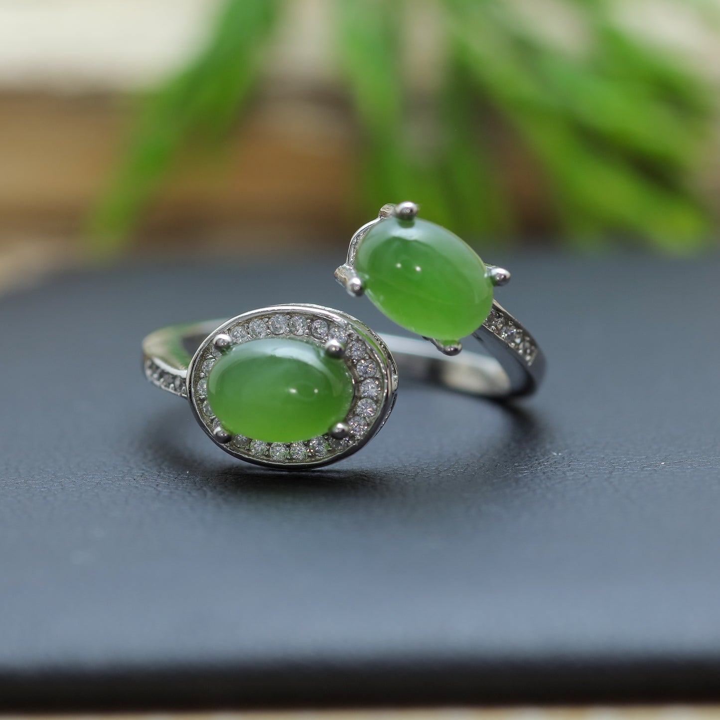 Green Jade Dual-Cabochon Bypass Ring in Sterling Silver