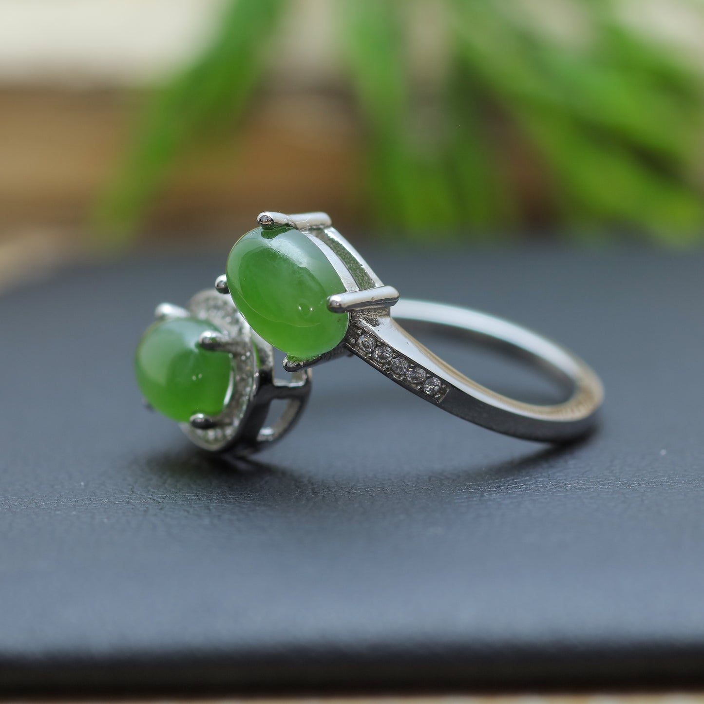 Green Jade Dual-Cabochon Bypass Ring in Sterling Silver