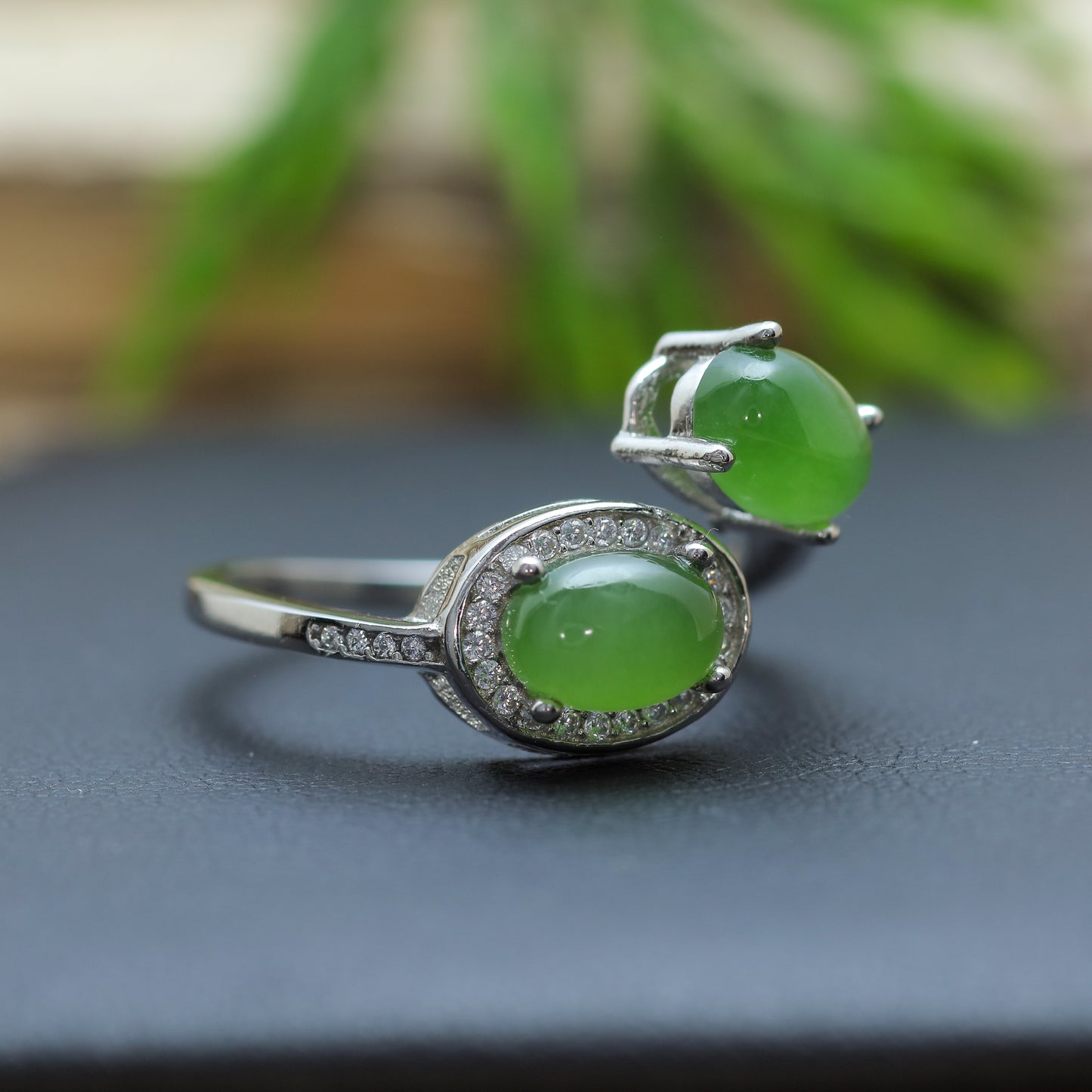 Green Jade Dual-Cabochon Bypass Ring in Sterling Silver