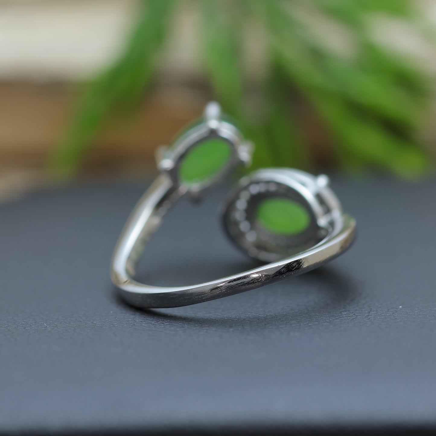 Green Jade Dual-Cabochon Bypass Ring in Sterling Silver