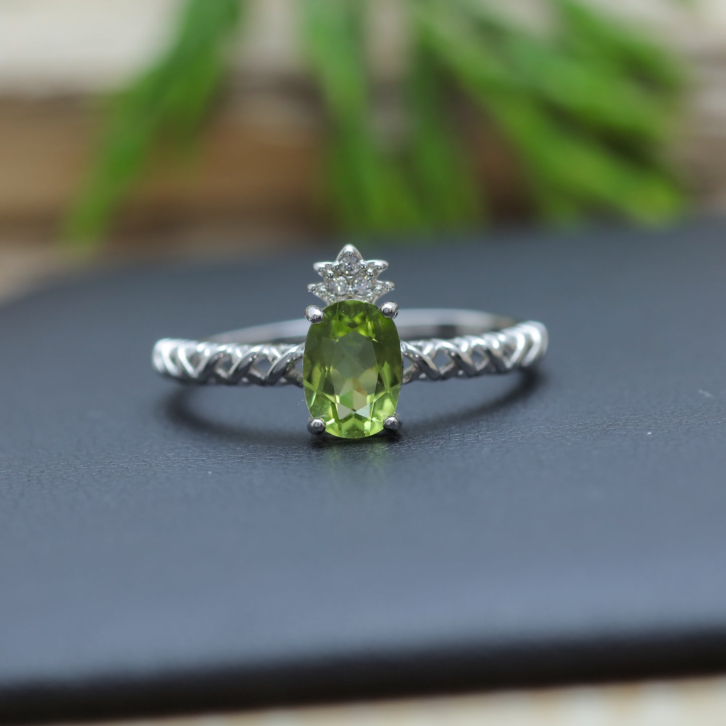 Oval Peridot Braided Band Tiara Ring in Sterling Silver