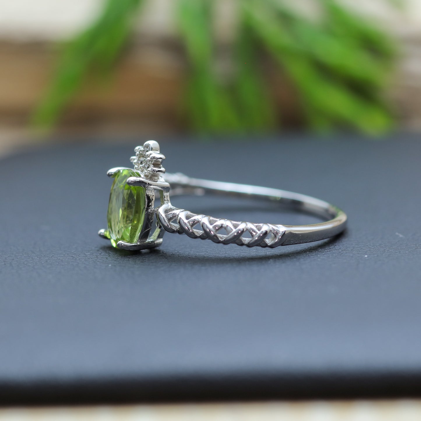 Oval Peridot Braided Band Tiara Ring in Sterling Silver