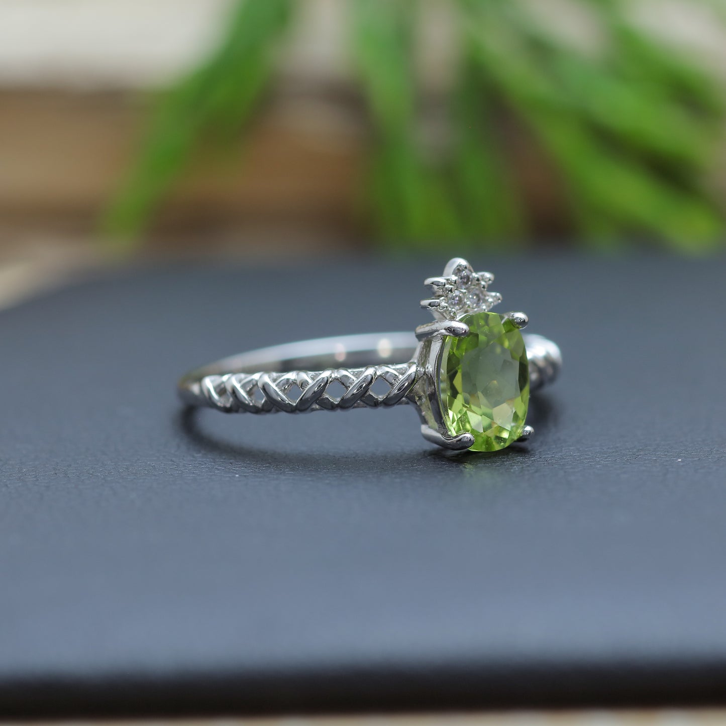 Oval Peridot Braided Band Tiara Ring in Sterling Silver