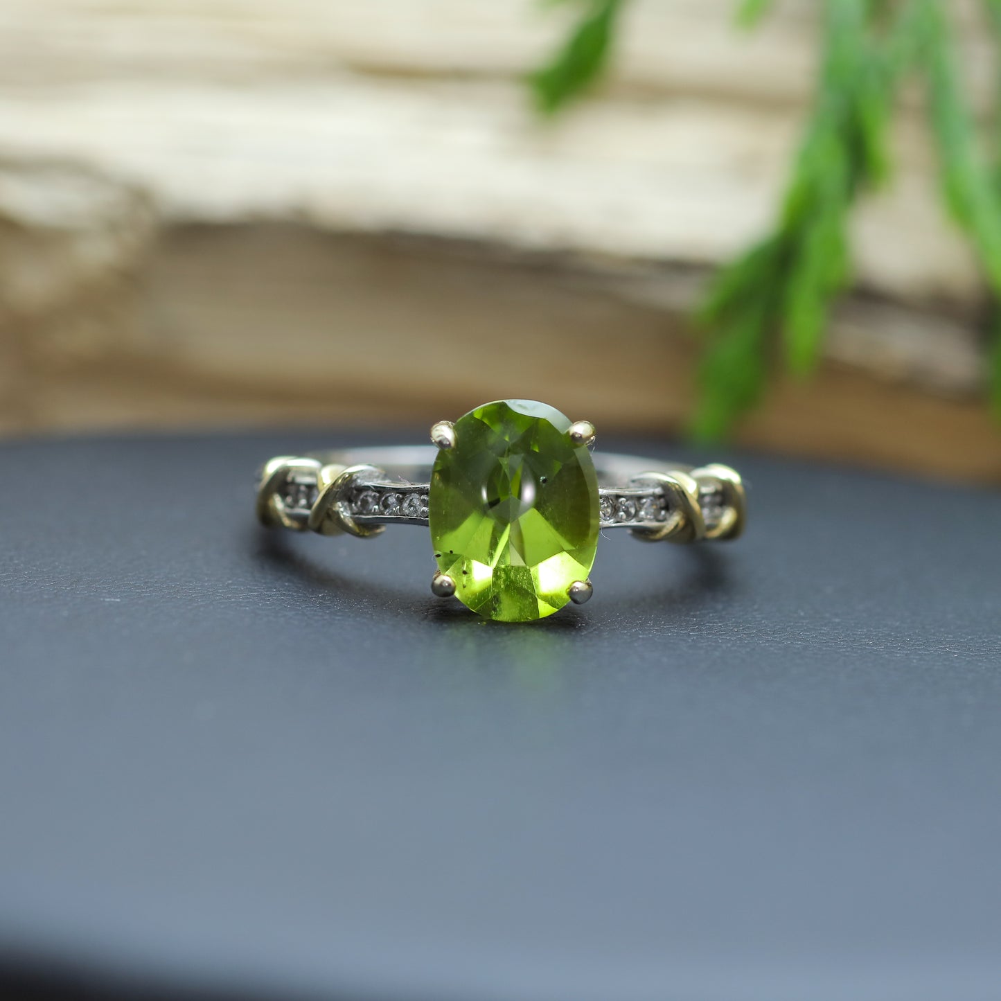 Two-Tone Oval Peridot Accent Ring in Sterling Silver