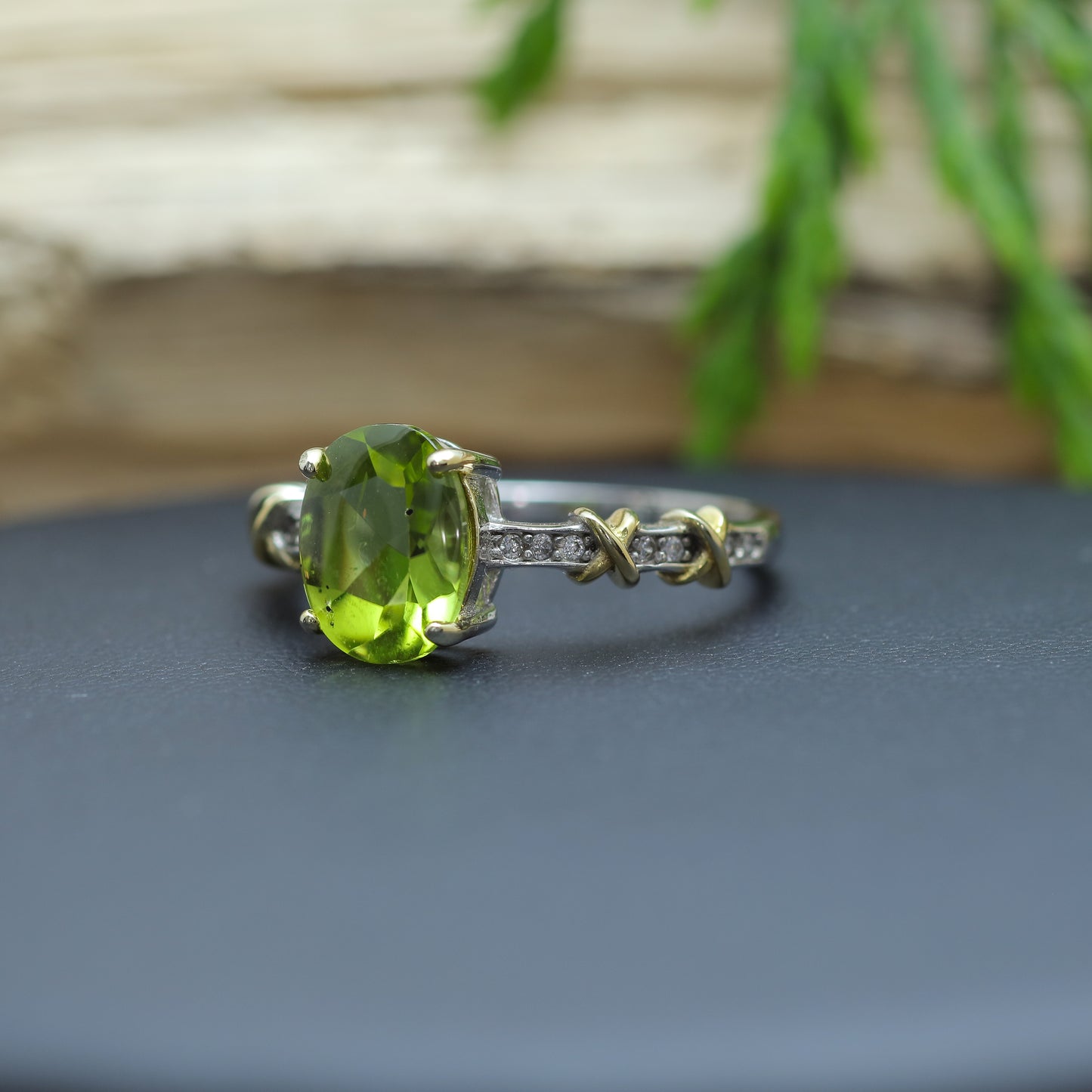 Two-Tone Oval Peridot Accent Ring in Sterling Silver