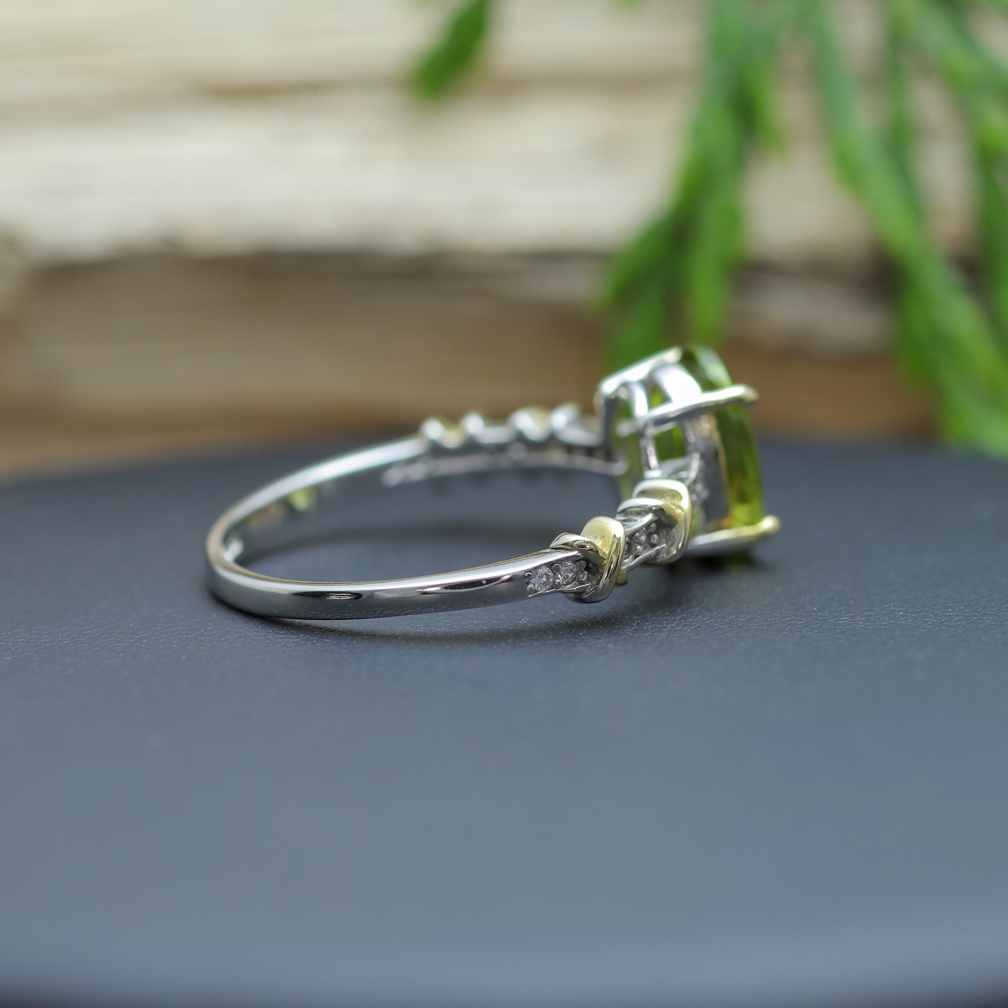 Two-Tone Oval Peridot Accent Ring in Sterling Silver