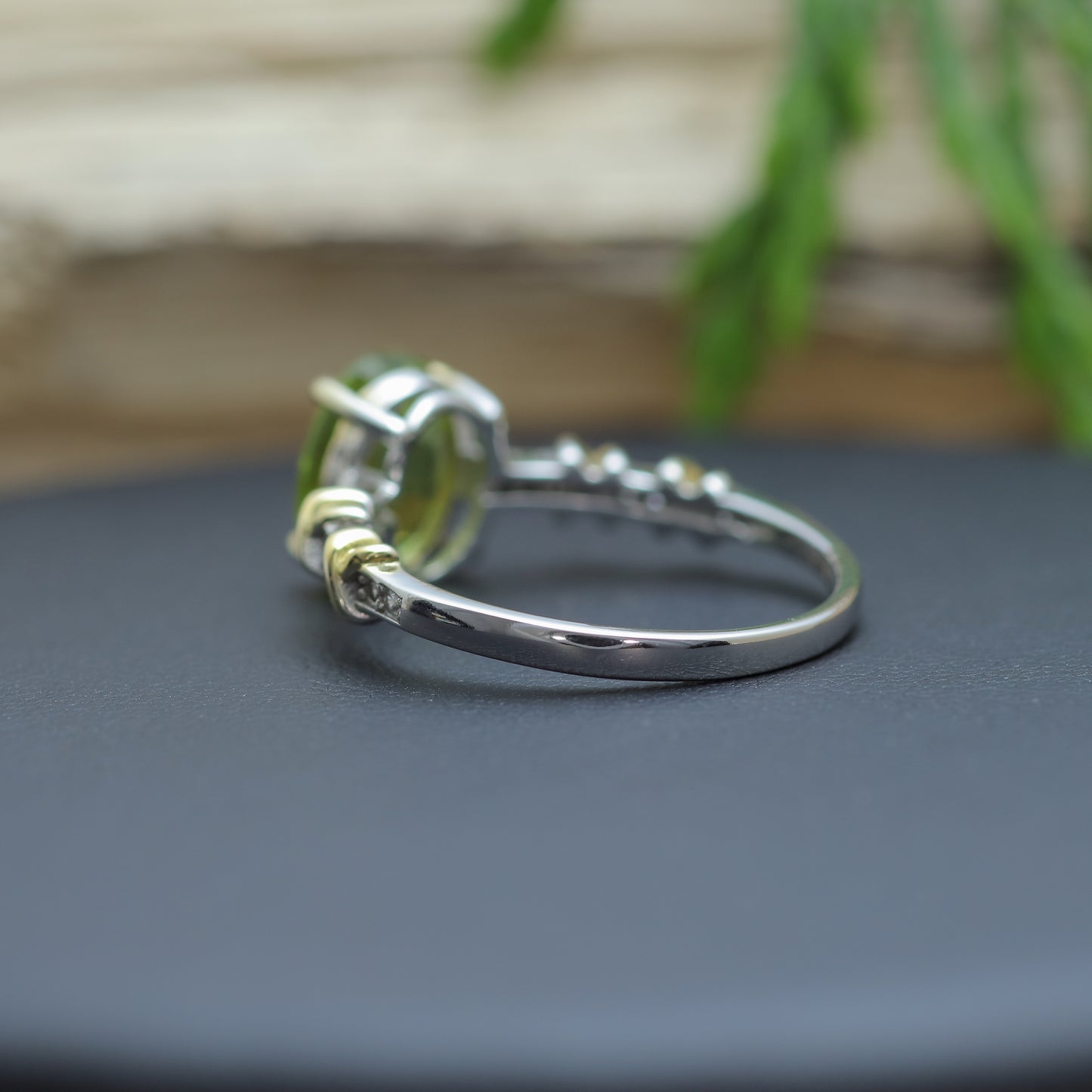 Two-Tone Oval Peridot Accent Ring in Sterling Silver