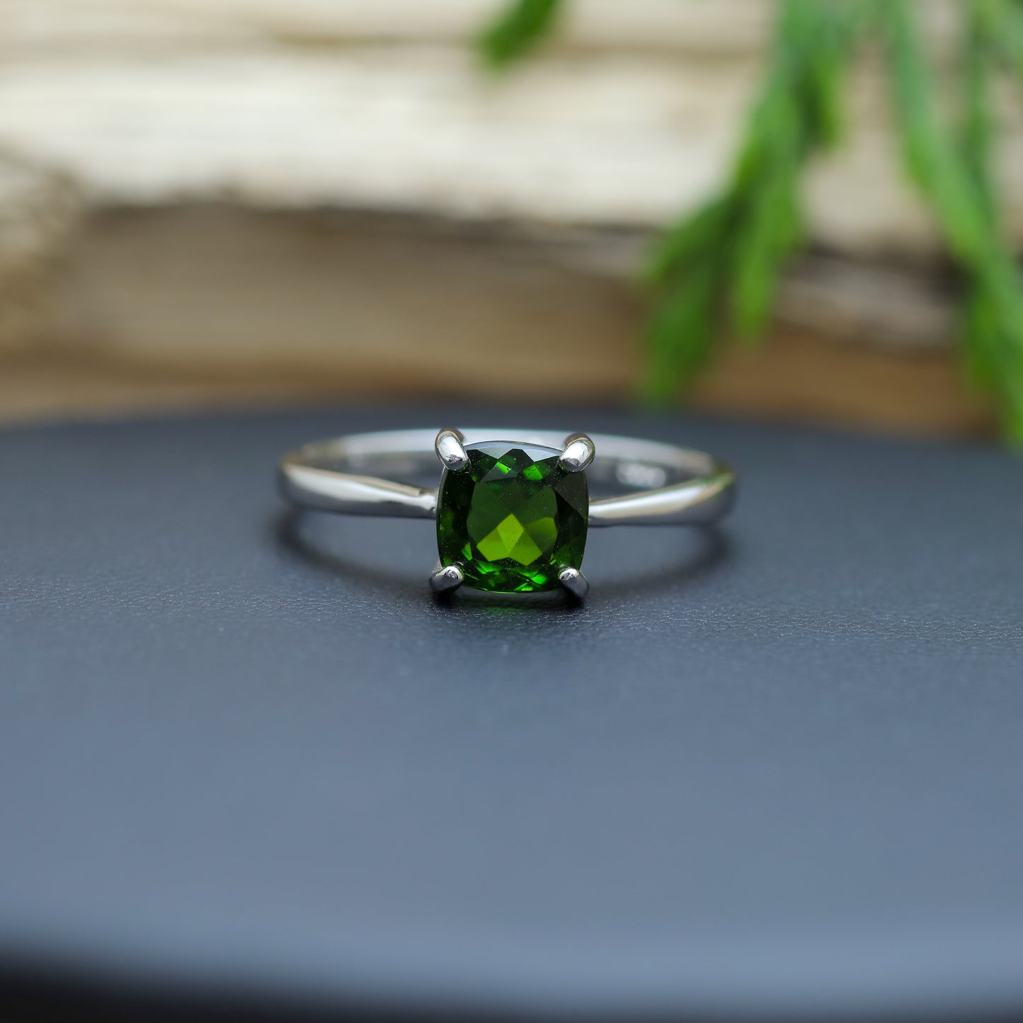 Square-Cut Chrome Diopside Classic Solitaire Ring in Sterling Silver