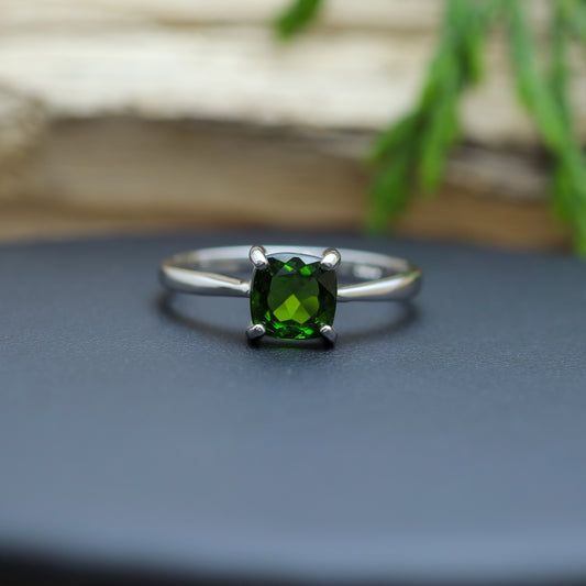 Square-Cut Chrome Diopside Classic Solitaire Ring in Sterling Silver