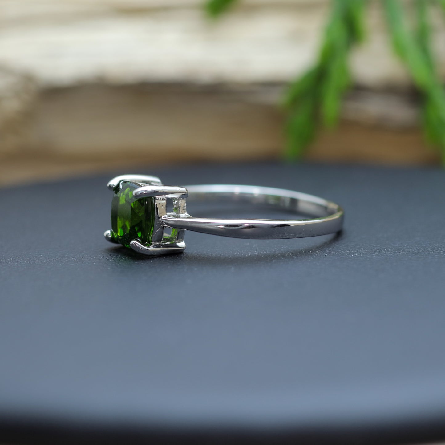 Square-Cut Chrome Diopside Classic Solitaire Ring in Sterling Silver