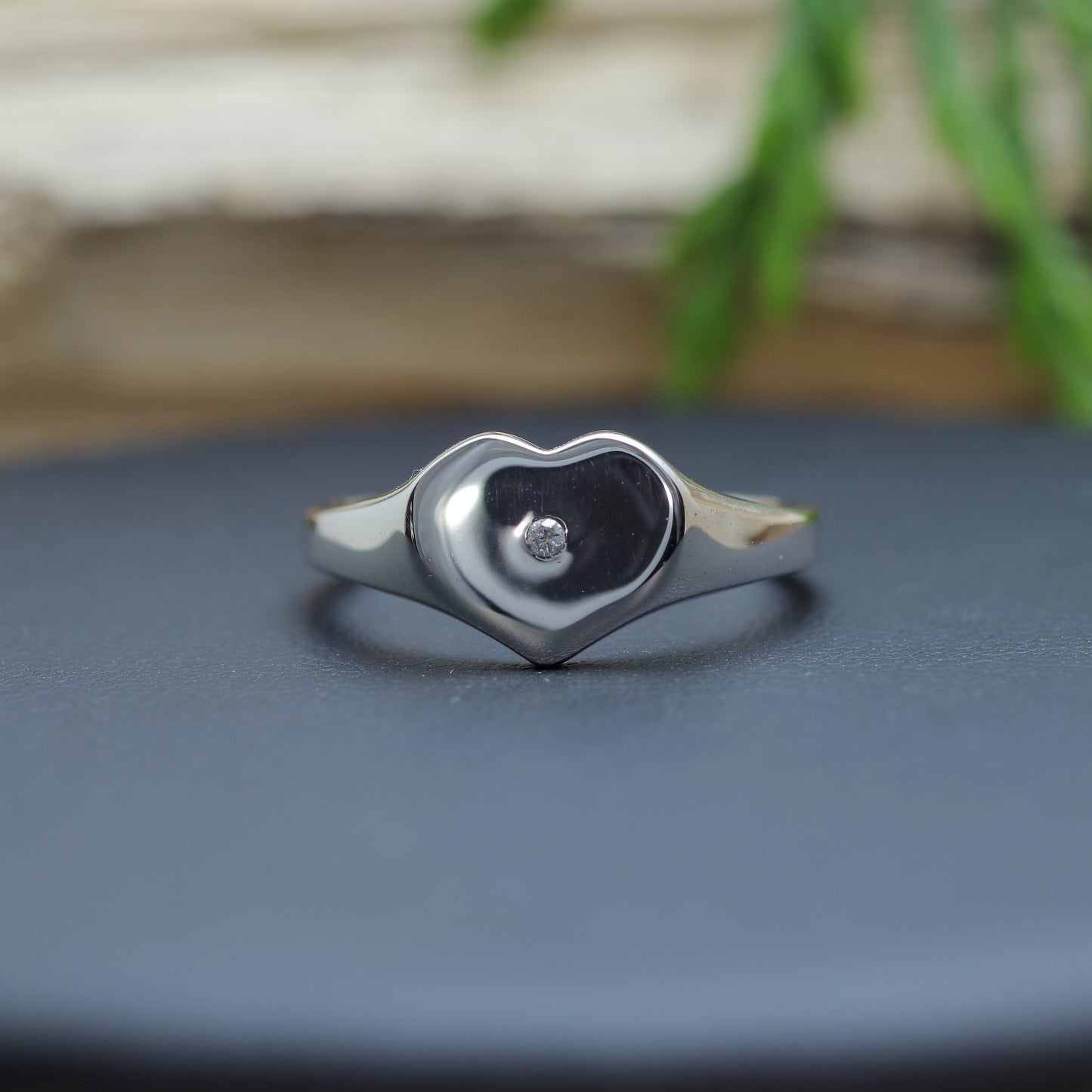 Handcrafted Heart Signet Flush-Set Lab Diamond Ring in Sterling Silver