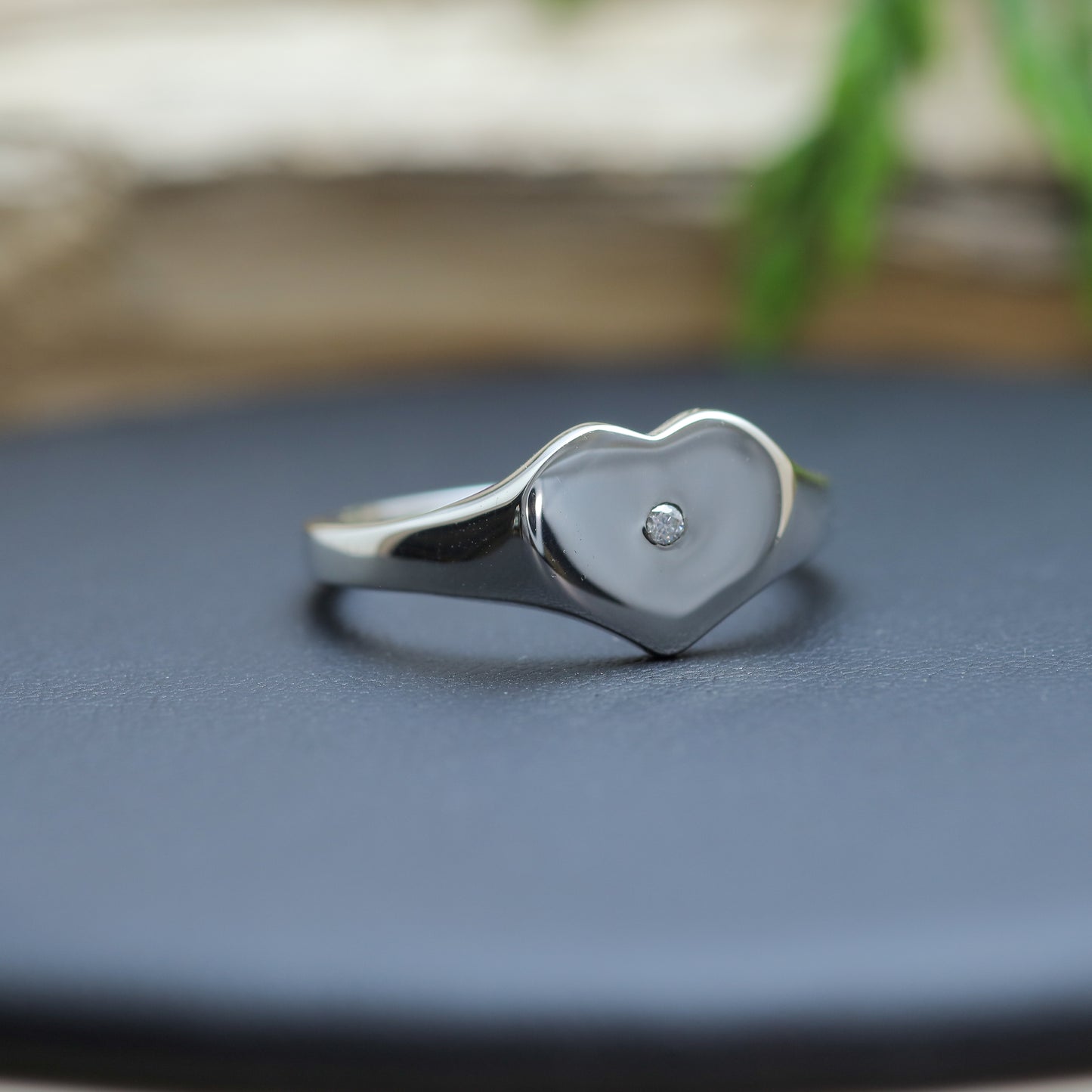 Handcrafted Heart Signet Flush-Set Lab Diamond Ring in Sterling Silver